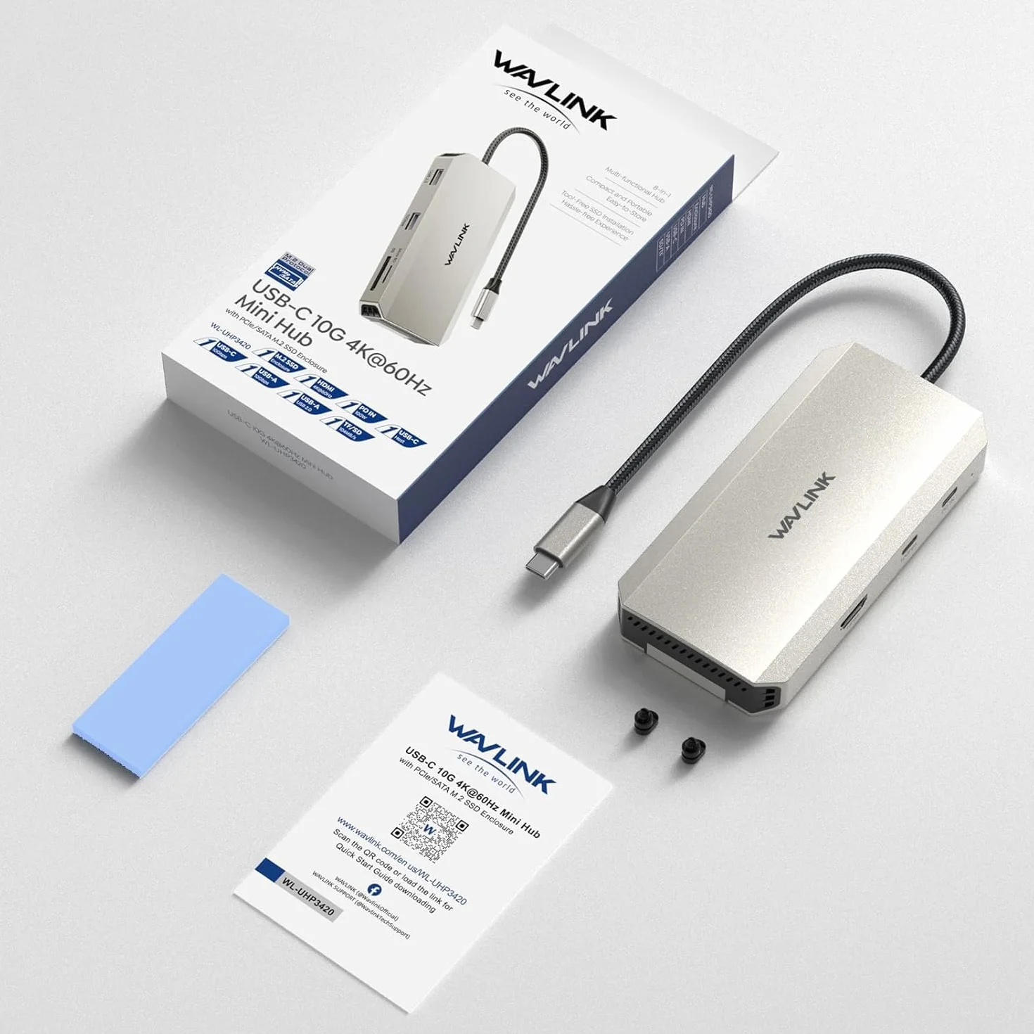 Hub USB-C, WAVLINK 10 Gbit/s koncentrator USB C ze złączem M.2 PCIe/SATA SSD, HDMI, 100-W-PD, USB-A&C 3.2/2.0, SD&TF, kompatybilny z MacBookiem/Chromebookiem/Dell/HP/Lenovo