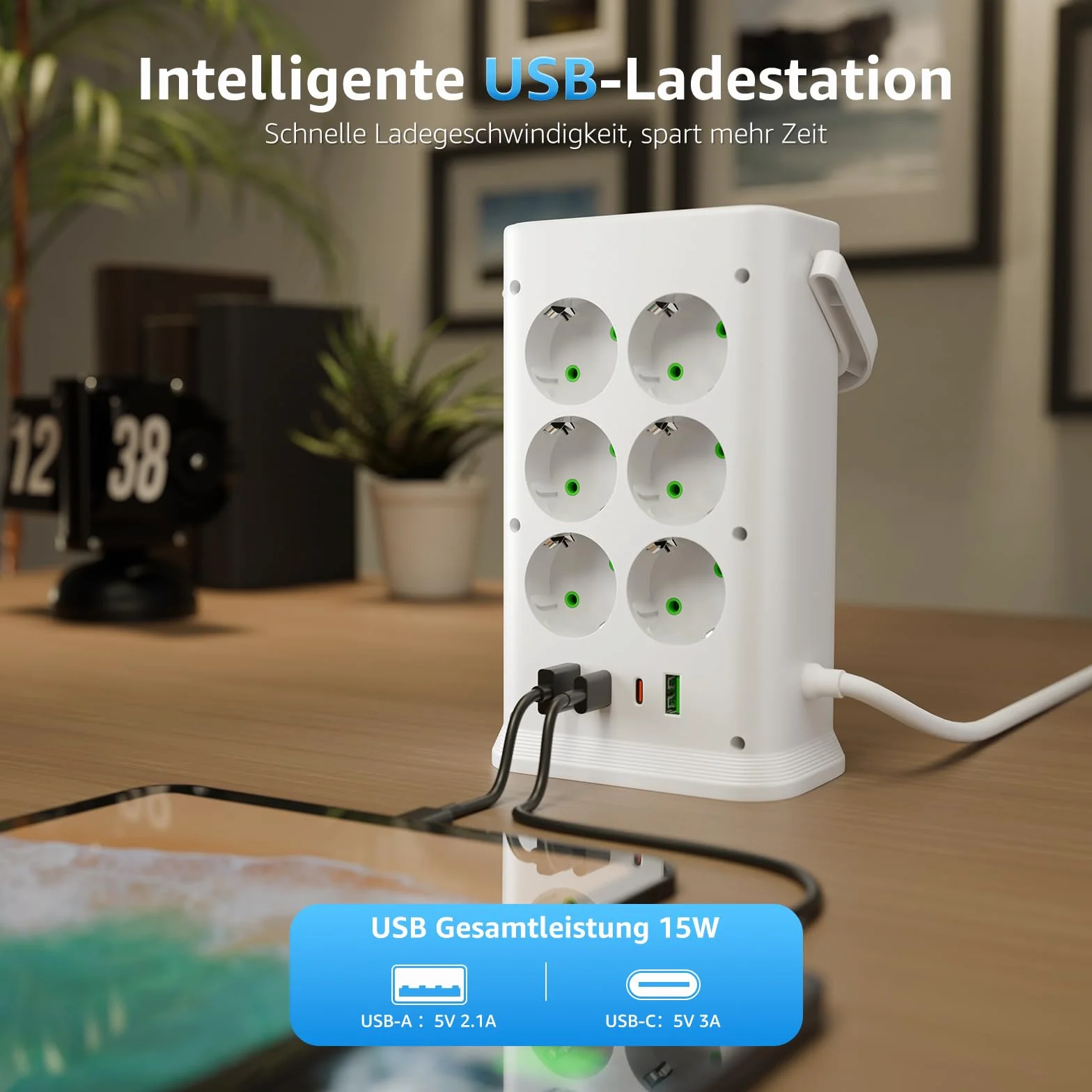 Listwa zasilająca z 12 gniazdami z 4 portami USB i światłem, listwa zasilająca 16 w 1, listwa zasilająca z przełącznikiem, ochrona przed przepięciem, przedłużacz 2 m, do domu, biura