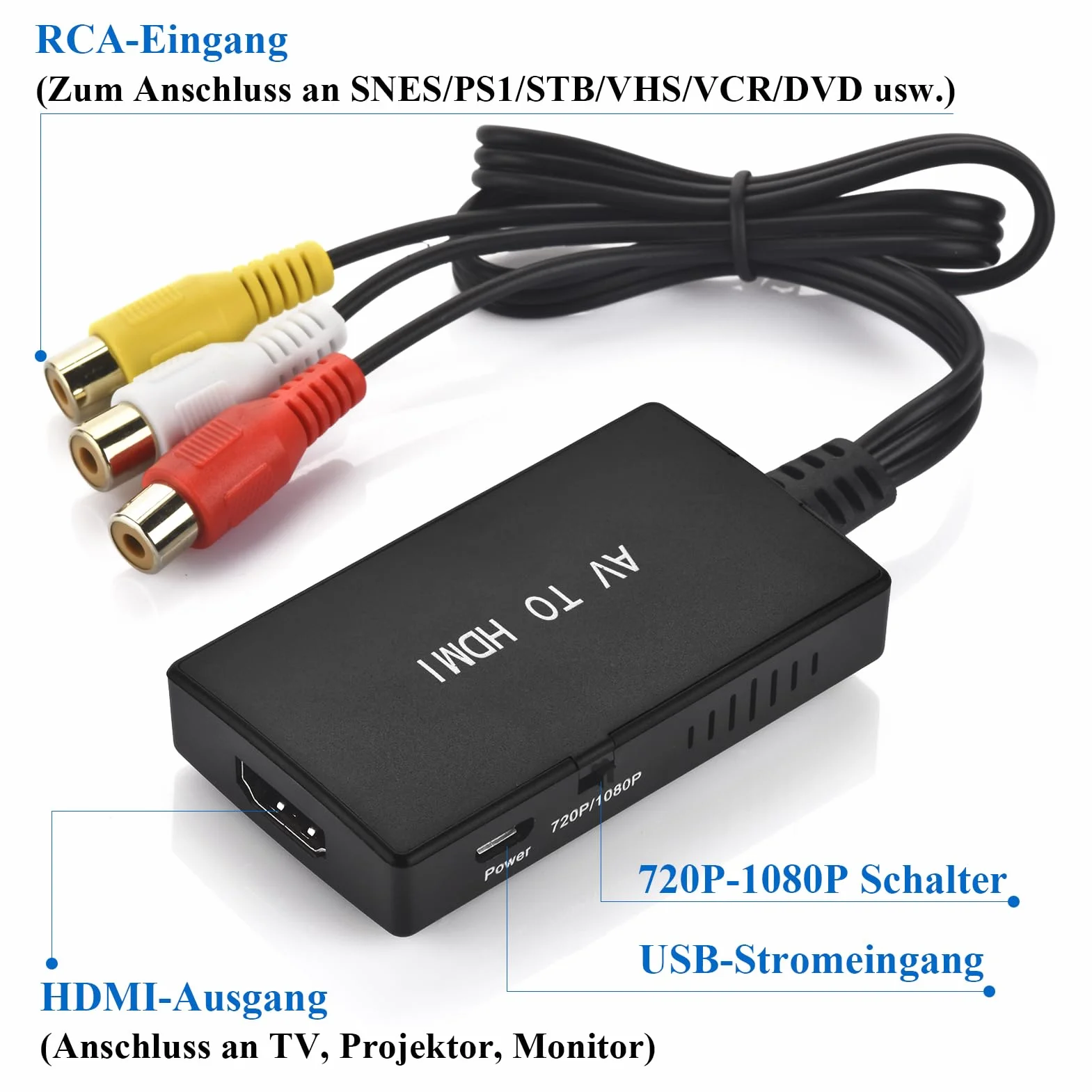 Adapter RCA na HDMI 1080P, Cinch z Kablem do PS2/PS3/Xbox/SNES/N64/STB/VHS/VCR, Nagrywarka Wideo DVD, Obsługuje PAL/NTSC