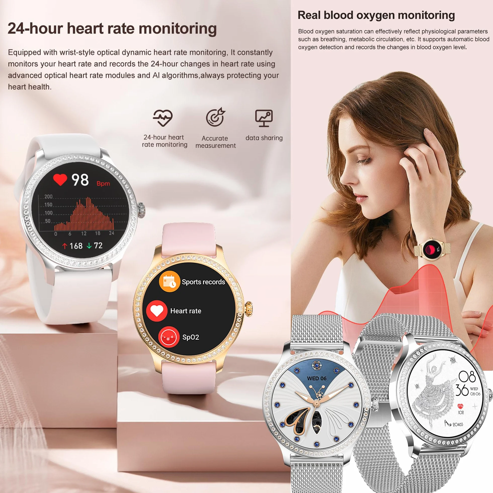 Smartwatch Inteligentny Zegarek Pani z Połączeniami, 1,28" Wodoodporny Smart Watch Sportowy Krokometr Pulsometr Ciśnienie Krwi Bransoletka Aktywność Cyfrowy Zegarek dla IOS Android (srebrny)