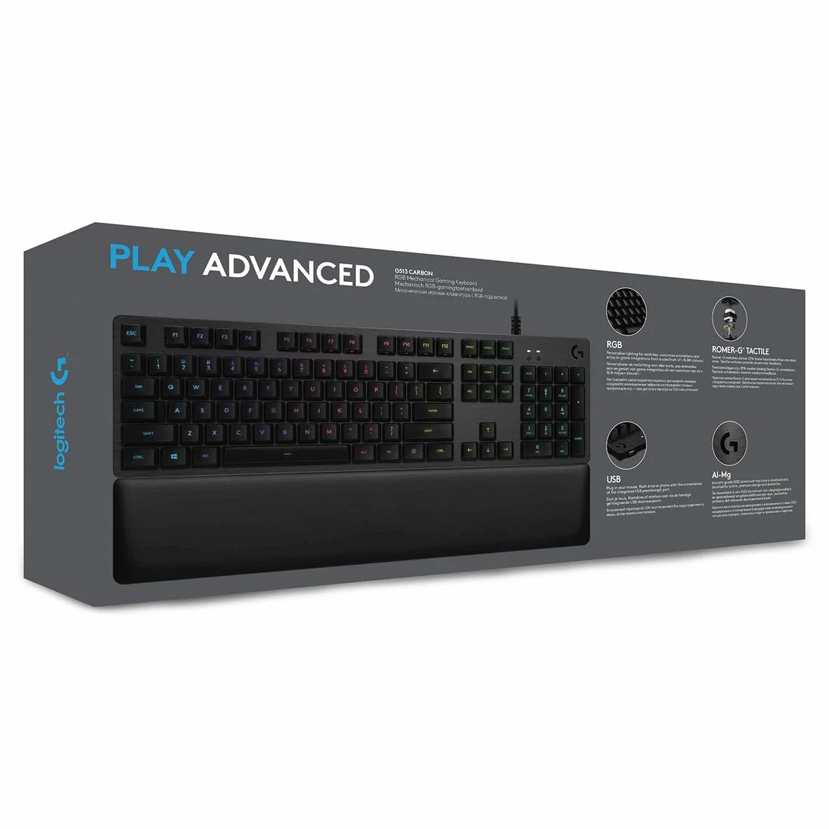 Logitech G 513 mechaniczna klawiatura do gier, przełączniki dotykowe GX-Brown, oświetlenie RGB, pętla USB, podkładka pod nadgarstek z pianką memory, aluminiowa obudowa, francuski układ AZERTY, czarna