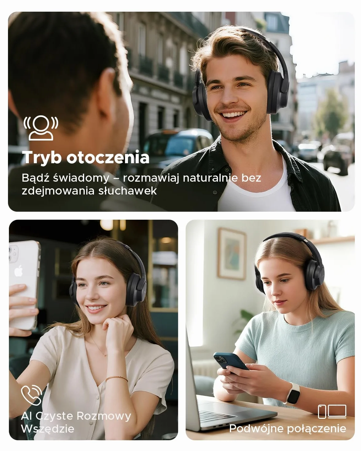 Truefree HF-10 nauszne słuchawki Bluetooth ze sterownikiem 40 mm, ANC -45 dB, dźwięk przestrzenny, akumulator 125 h, mikrofon AI, aplikacja, tryb gier, składany, USB-C, AUX, zestaw słuchawkowy z