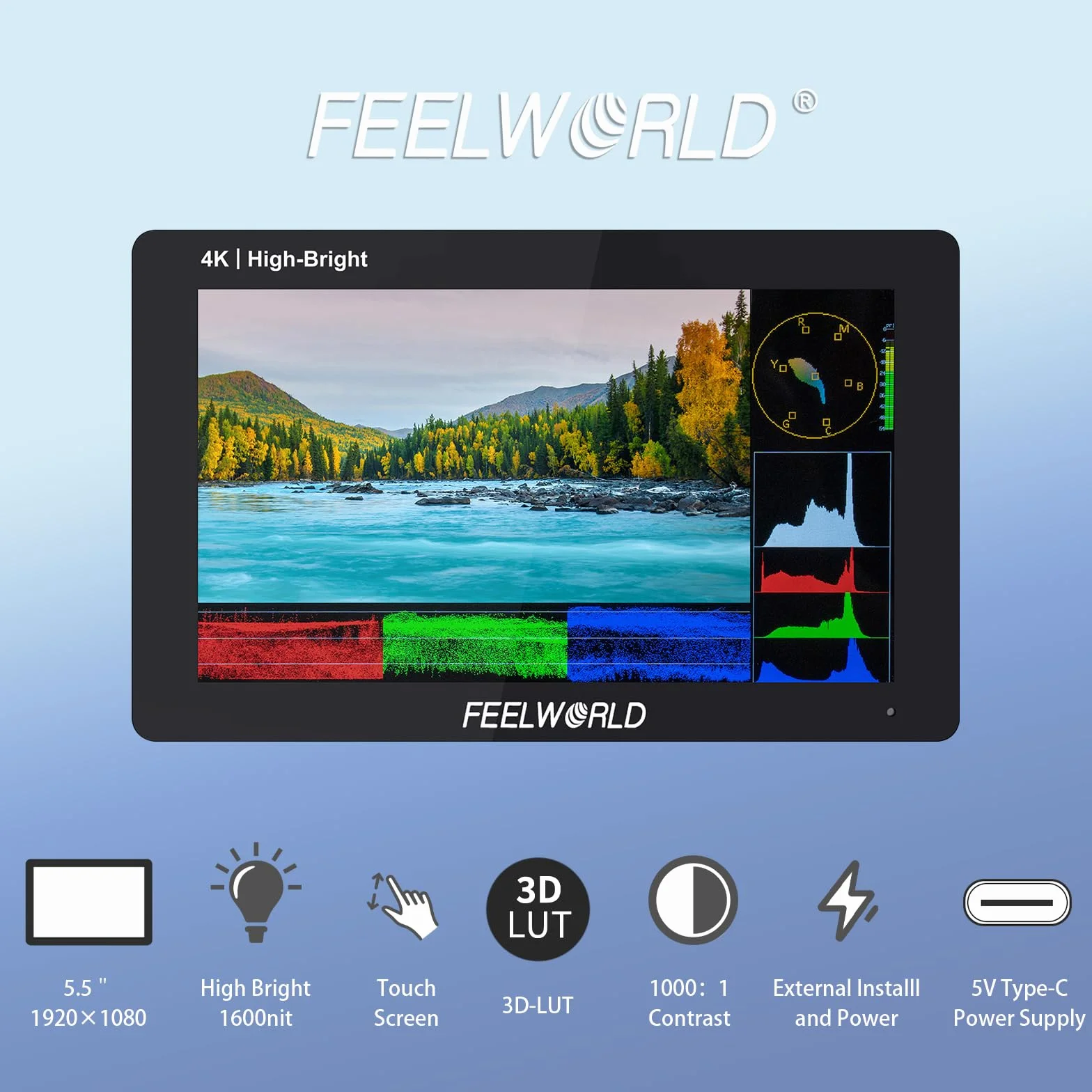 FEELWORLD F5 PRO X 1600 nits kamera monitor, 5,5 cala HDR IPS Field DSLR 1920 x 1080FHD ekran dotykowy z baterią 2800 mAh i etui, 4K 60 Hz HDMI 3D LUT Waveform Peaking Focus Zebra