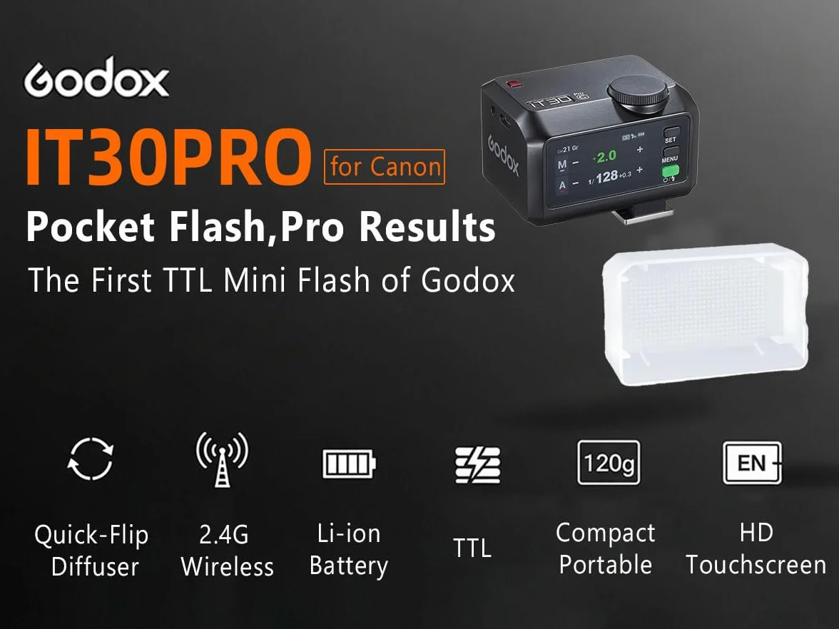 GODOX IT30PRO C lampa błyskowa z dyfuzorem, IT30 PRO C TTL HSS 1/8000s, kompatybilna z Canon EOS R, RP, R5, R6, R7, R8, R5 Mark II, R6 Mark II, 90D, 750D, M50, M3