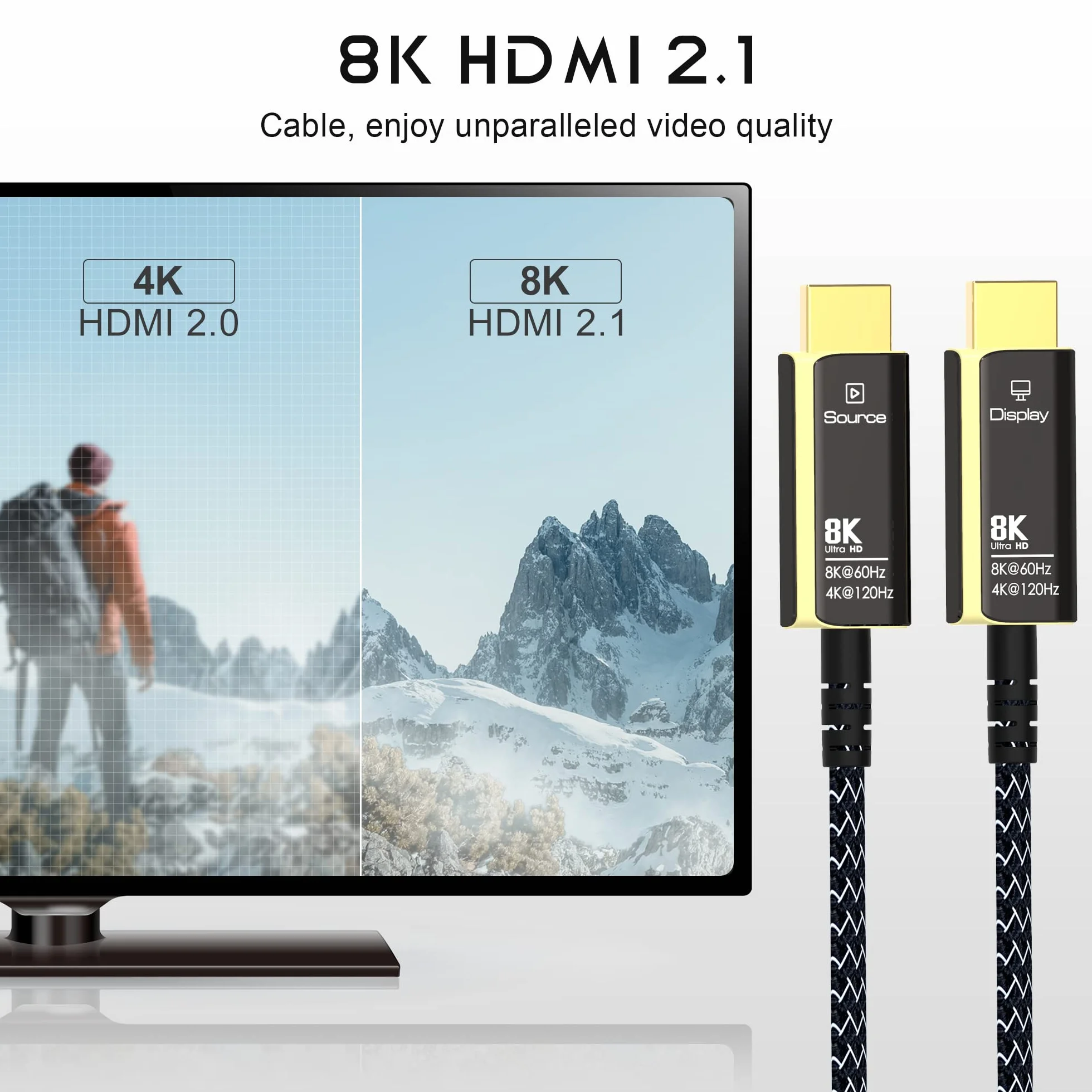 PREMIUMCORD 8K Aktywny Kabel Światłowodowy HDMI 2.1, Ultra High Speed 48 Gbit/s, 3D, EDID, ARC, HDR, Resolution 8K@60Hz 4320p, 4K@120Hz, Kompatybilny z PS5, Xbox X, PC, TV, Spłaty złota, Długość 10 m