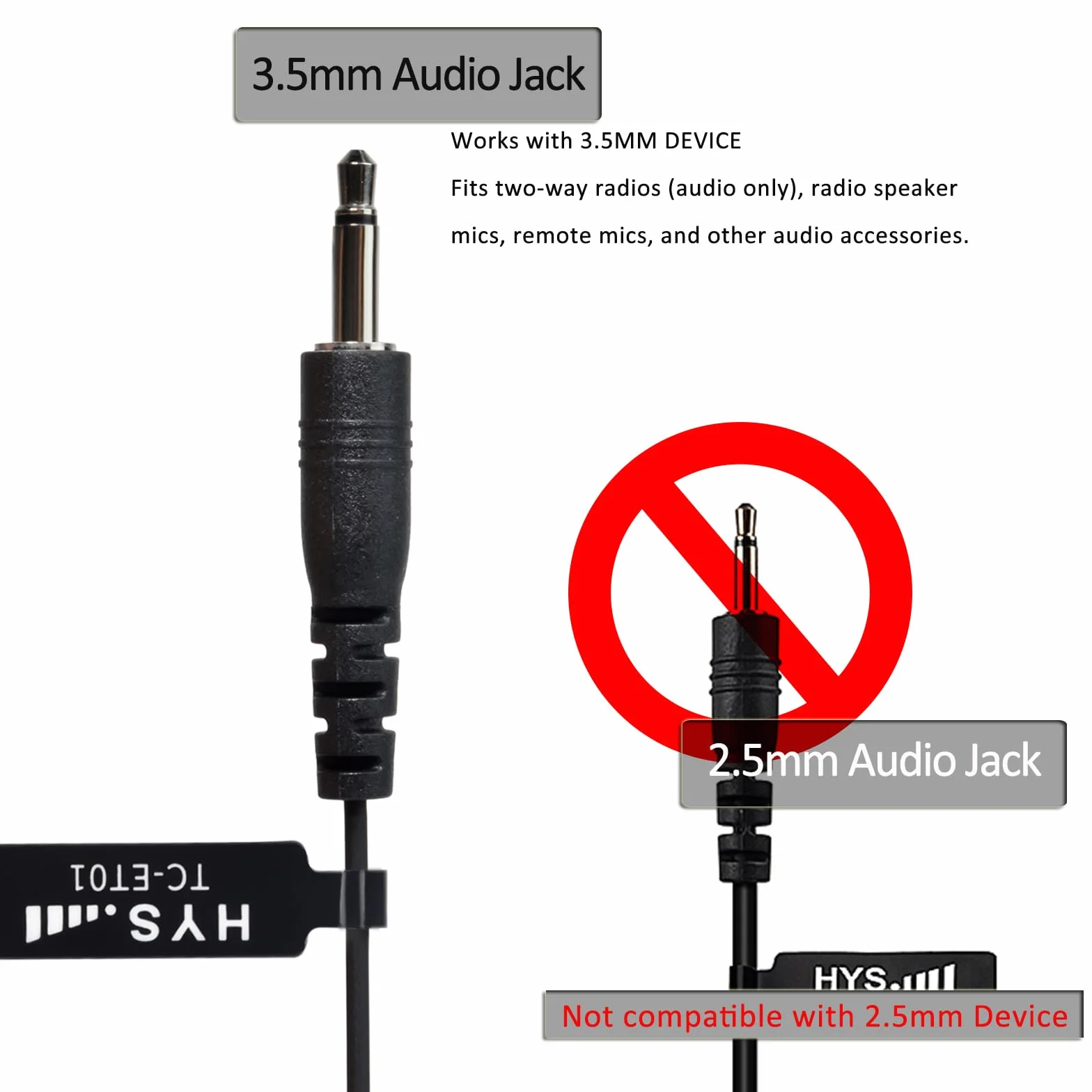 HYS Słuchawki douszne wąż dźwiękowy - jack 3,5 mm - One Ear - Listen Only słuchawki z symetryczną armaturą - zestaw słuchawkowy do urządzeń radiowych, mikrofonów głośnikowych (czarny)