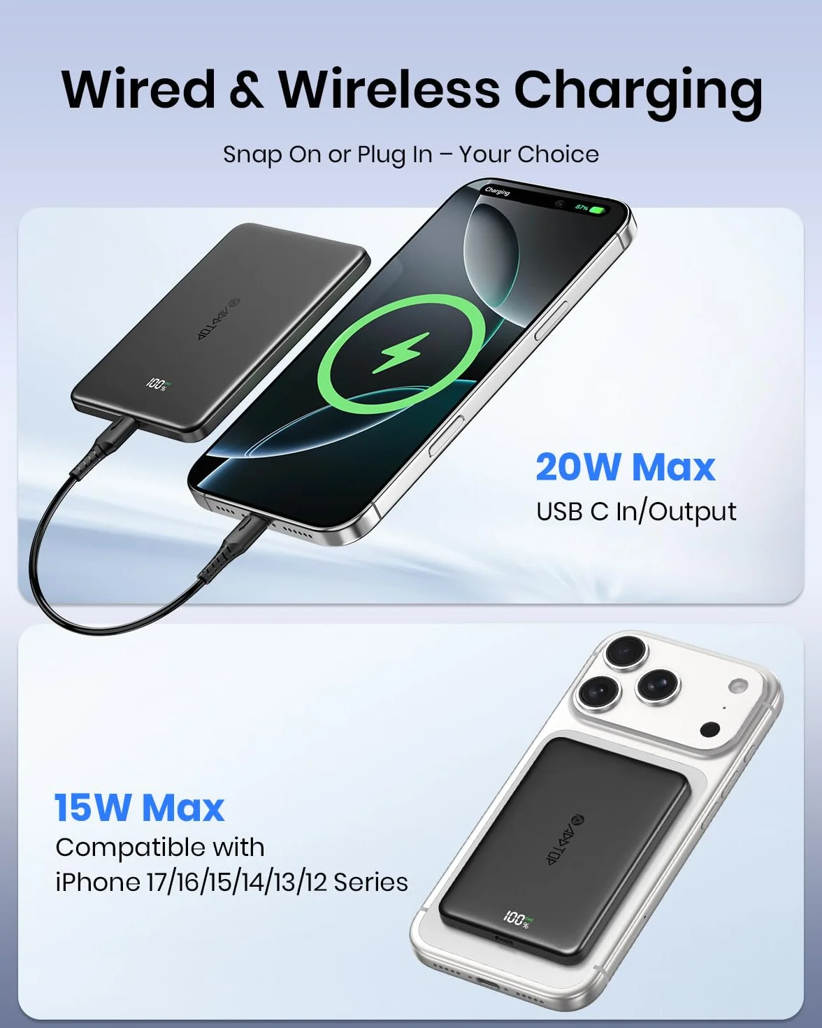 A ADDTOP Magnetyczna przenośna ładowarka 5000 mAh – ultracienki 15 W, bezprzewodowy powerbank z USB C, wł./wył. – PD 20 W akumulator do szybkiego ładowania do telefonu 16/15/14/13/12 Watch