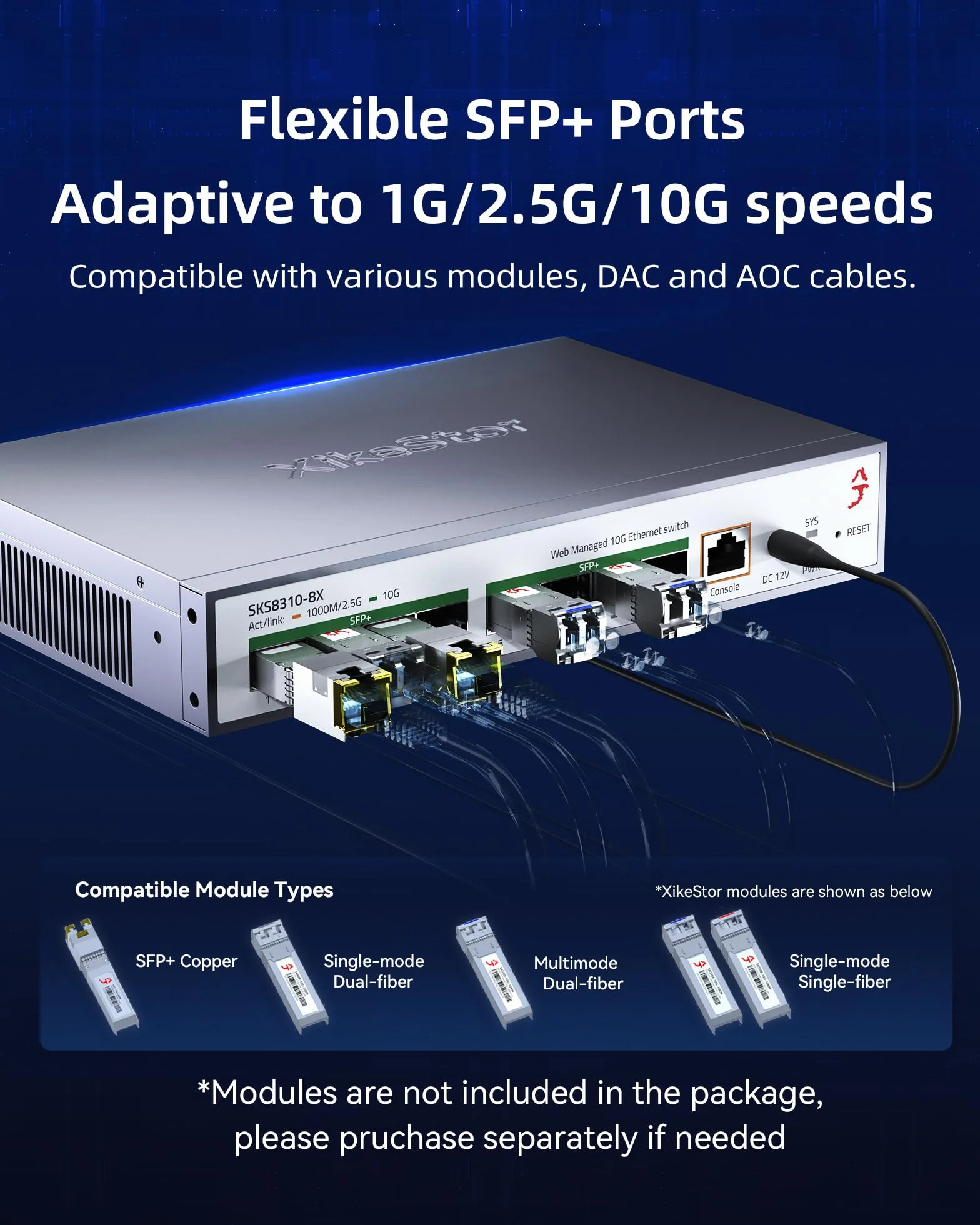 L3 10G 8-Portowy przełącznik zarządzany SFP+, obsługuje moduły 1/2.5/10G, przepustowość 160Gbps, agregacja łączy, VLAN/DHCP/QoS, inteligentne chłodzenie wentylatorem