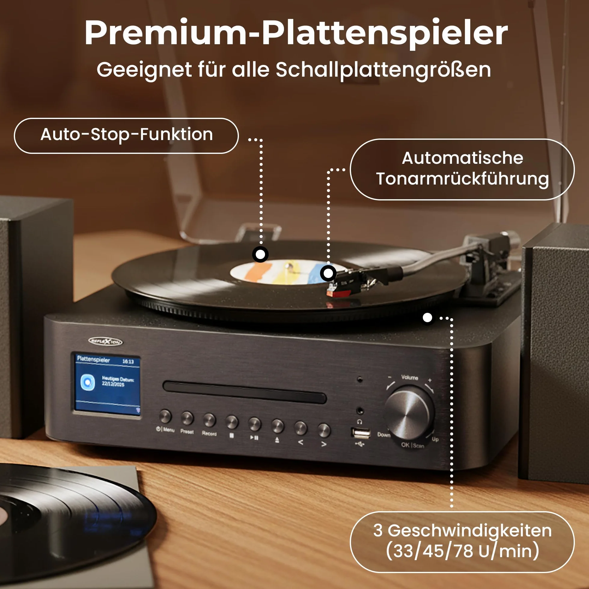 Reflexion Gramofon z głośnikiem i wi-fi; retro system HiFi z DAB+, radio internetowe, Bluetooth, CD, nagrywanie MP3 USB, kolorowy wyświetlacz, budzik i timer snu – kompletny system z pilotem zdalnego