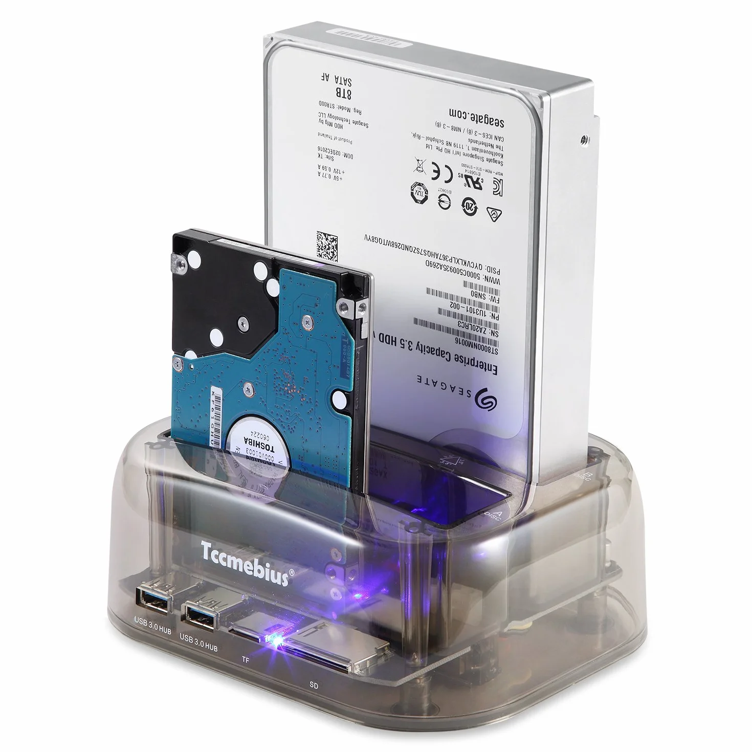 TCC-S865 USB 3.0 do SATA IDE Podwójne Gniazda Zewnętrzna Przezroczysta Stacja Dokująca z Czytnikiem Kart i 2 Portami USB 3.0 Hub Dla 2.5 3.5 Cala IDE SATA I/II/III HDD SSD