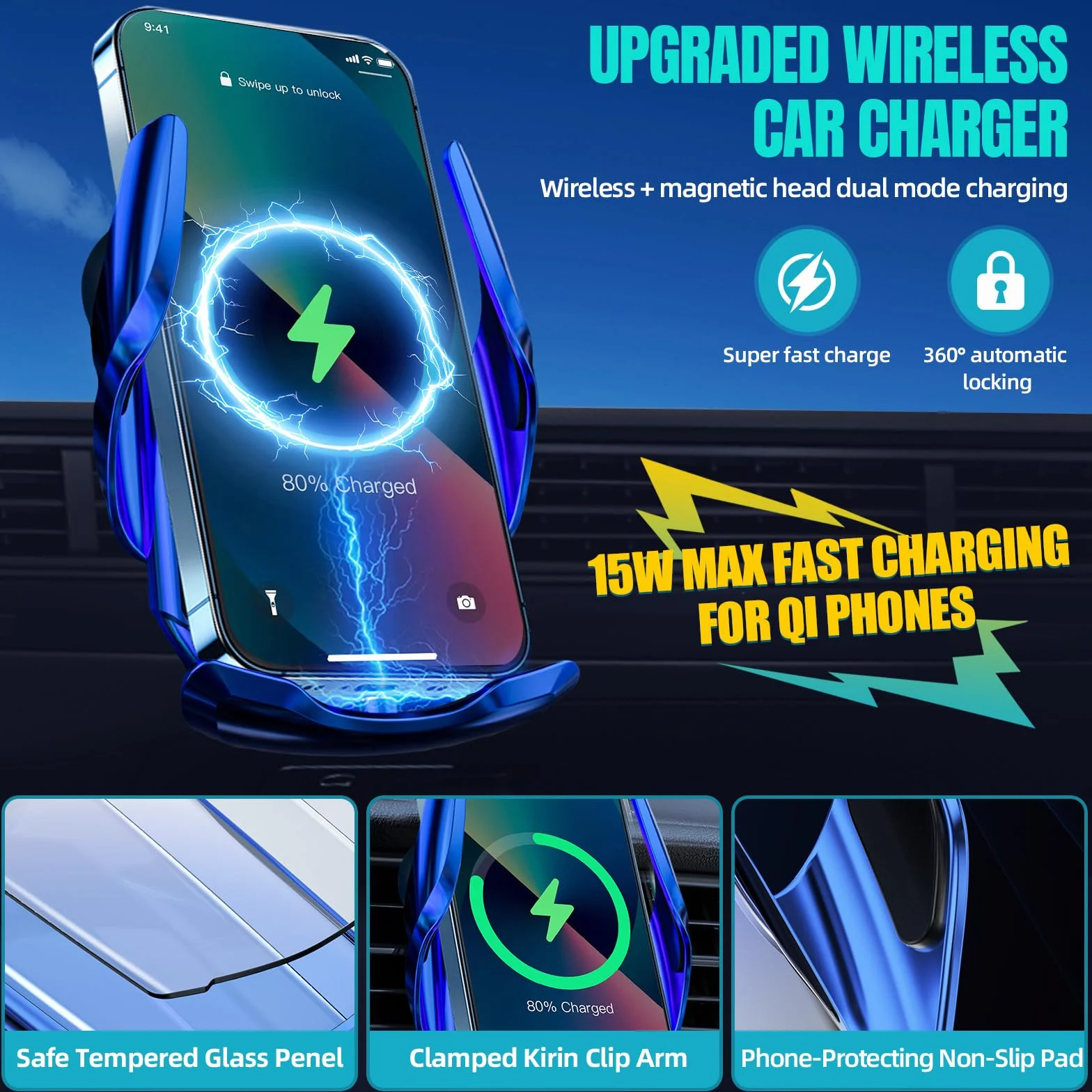 Bezprzewodowa ładowarka samochodowa, MAX 15 W, szybkie ładowanie, automatyczne zaciskanie, uchwyt na telefon, pasuje do iPhone 16, 15, 14, 13, 12, Pro, Max, Xs X, Samsung Galaxy S24 Ultra