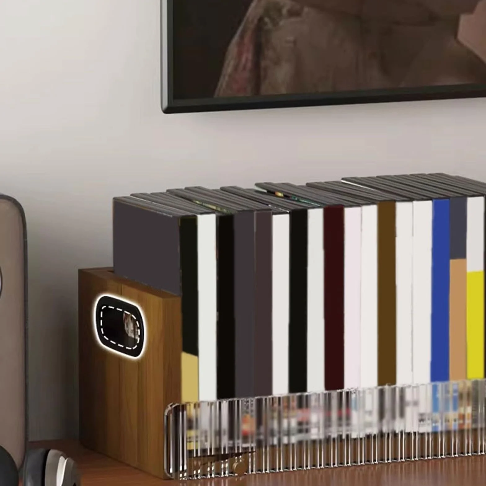 Dom Retro drewniany stojak na płyty CD z akrylowymi przegrodami, półka do przechowywania albumów