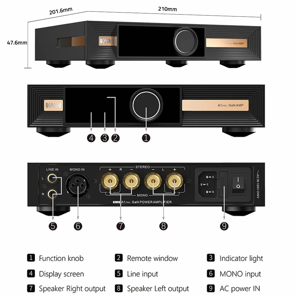 SMSL VMV A1pro Wzmacniacz mocy z azotku galu, tryb stereo/mono, 4x moc, układ Hi-End PGA2311, wejścia XLR/RCA, pozłacane, kompatybilne z przedwzmacniaczem D1pro DAC