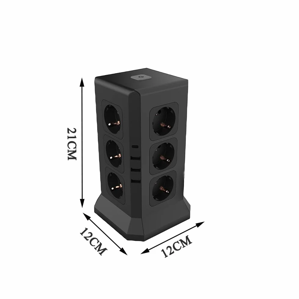 Listwa zasilająca z wieloma gniazdami, 12 gniazd, 3250 W, 16 A, przedłużacz 2 m z 4 portami USB, kompatybilny z różnymi elektrostykami (12 x 12 x 21 cm), biały