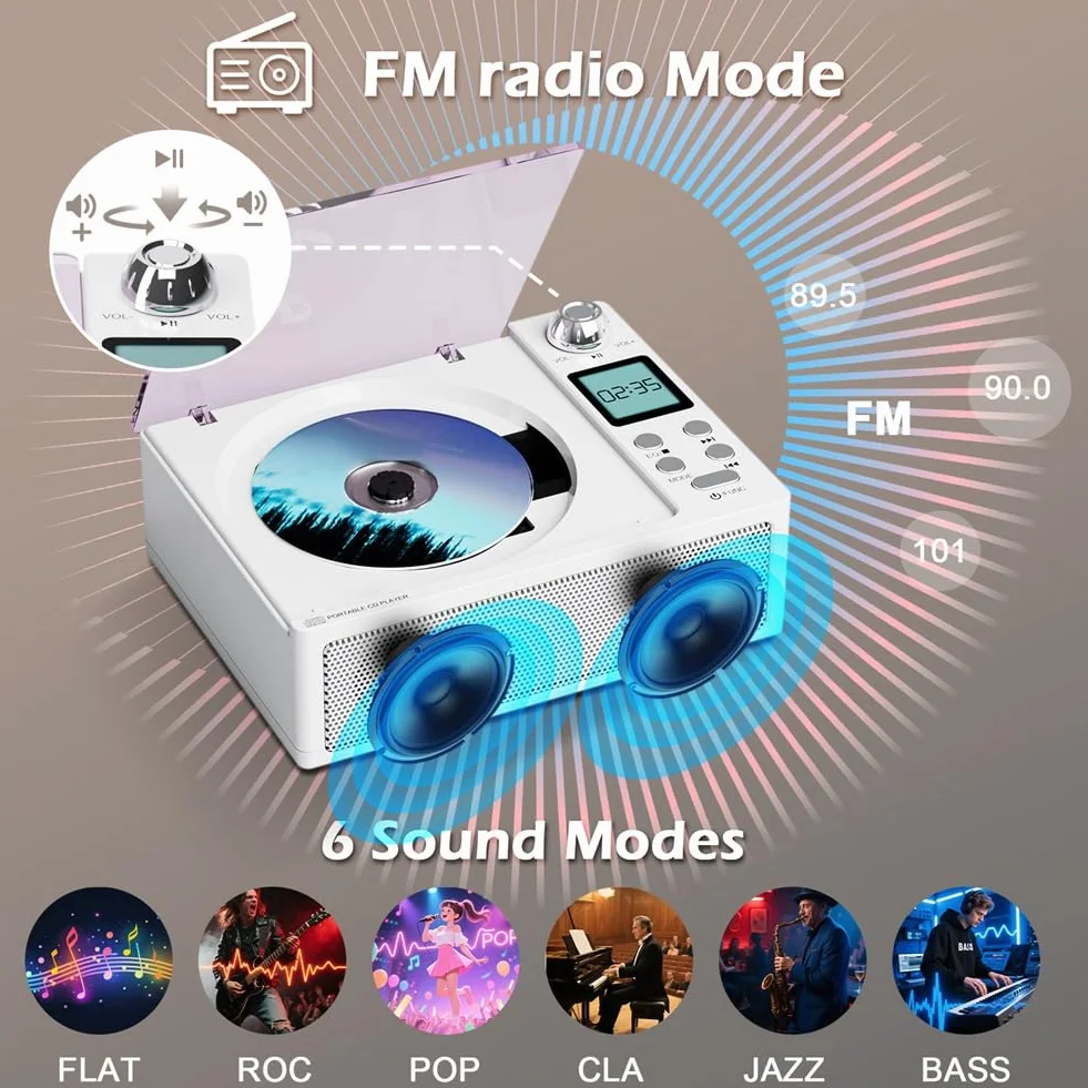 Hifi jakość dźwięku podwójny głośnik przenośny Bluetooth retro odtwarzacz CD Clayer, obsługuje kartę USB/TF / FM biały