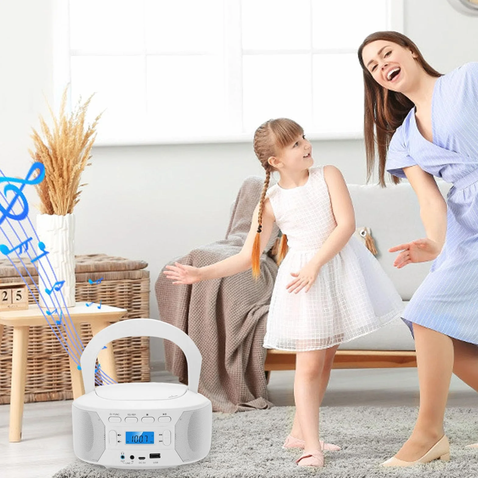 Przenośny Odtwarzacz CD z Bluetooth, USB i Radiem FM |Wielofunkcyjny Boombox do Odtwarzania Plików MP3 i Wejściem AUX |Osobisty Zestaw Stereo do Użytku w Domu, w Podróży i na (wtyczka UE)