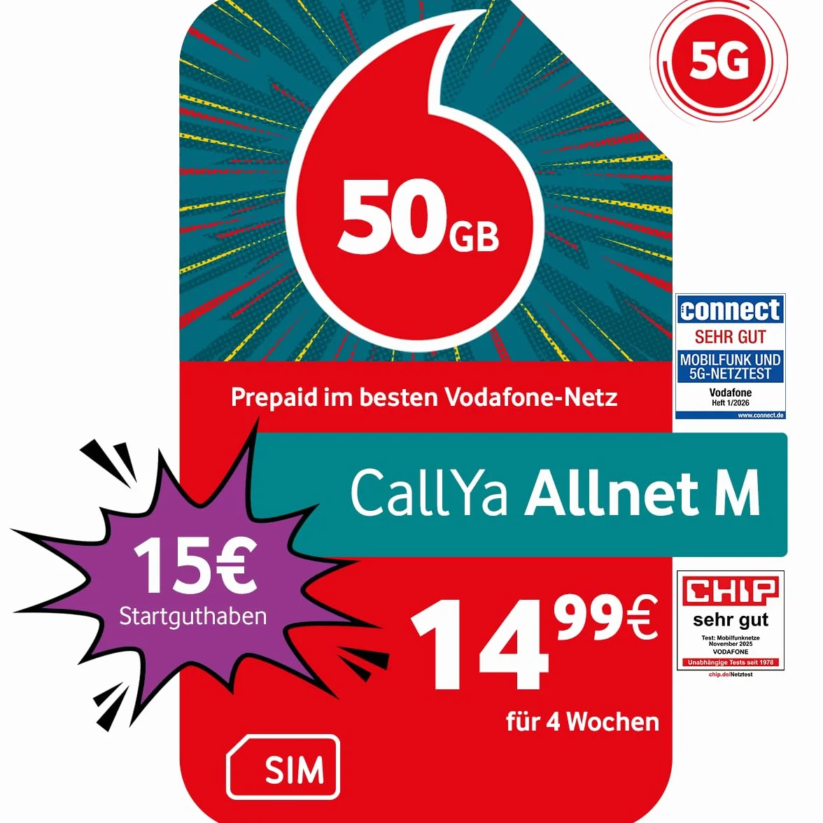 Vodafone Prepaid CallYa M | 50 GB | 15 EUR środków startowych | bez umowy | sieć 5G | telefon - SMS-Flat | Roaming EU