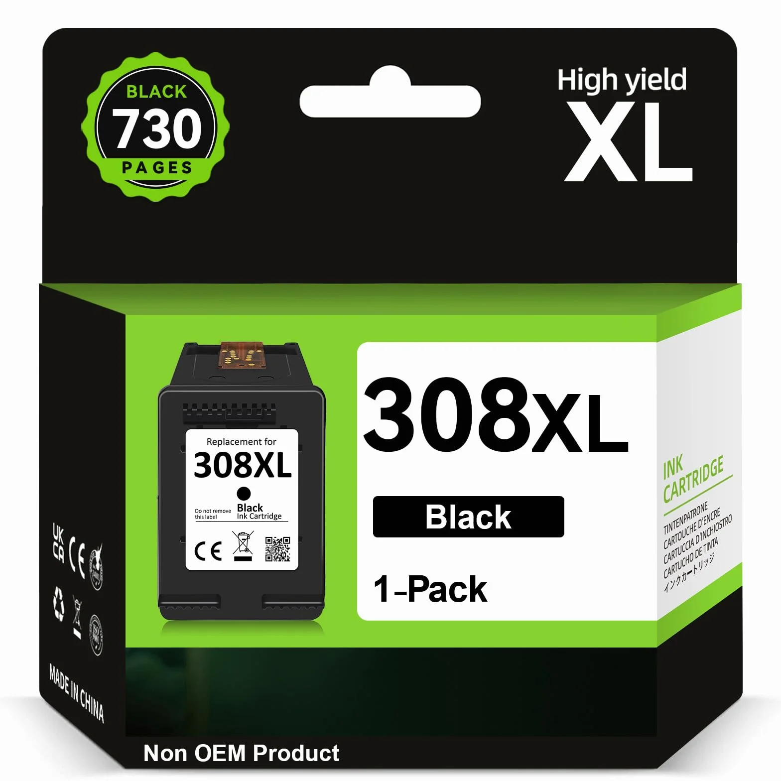 Atrament do drukarki 308XL BK - 730+ stron, zamiennik oryginalnych wkładów HP 308, czarny, do HP Envy 6120e 6122e 6132e 6520e 6530e 6532e 6152e 6558e 6110e 6130e DeskJet 2910 2920 292921 2922