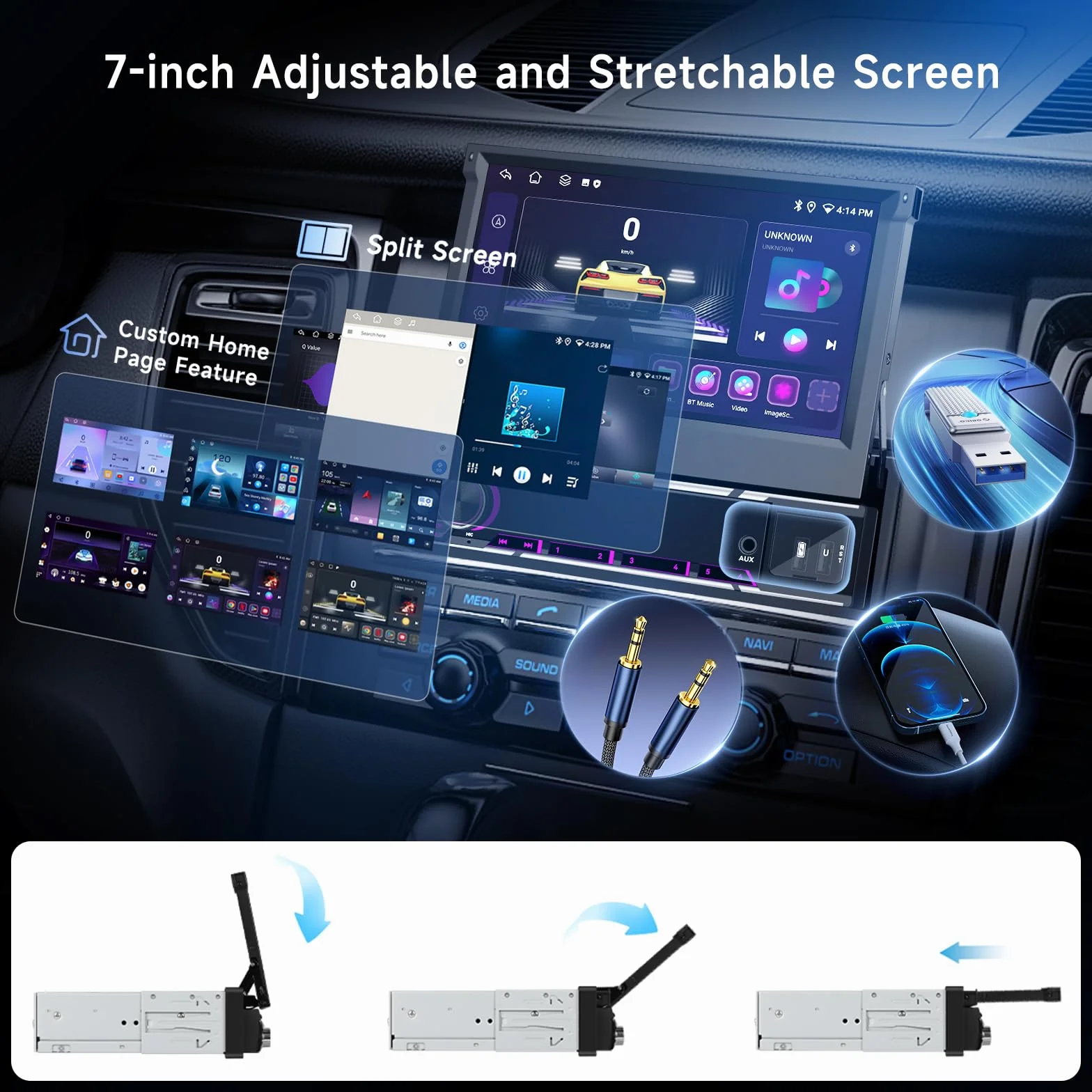 Hodozzy 6G + 128 GB Android 15 radio samochodowe 1 Din wysuwane z Carplay, bezprzewodowy Android Auto, 7-calowy ekran dotykowy nawigacja GPS radio z WiFi, Bluetooth, FM/AM/RDS, DSP, USB i kamerą