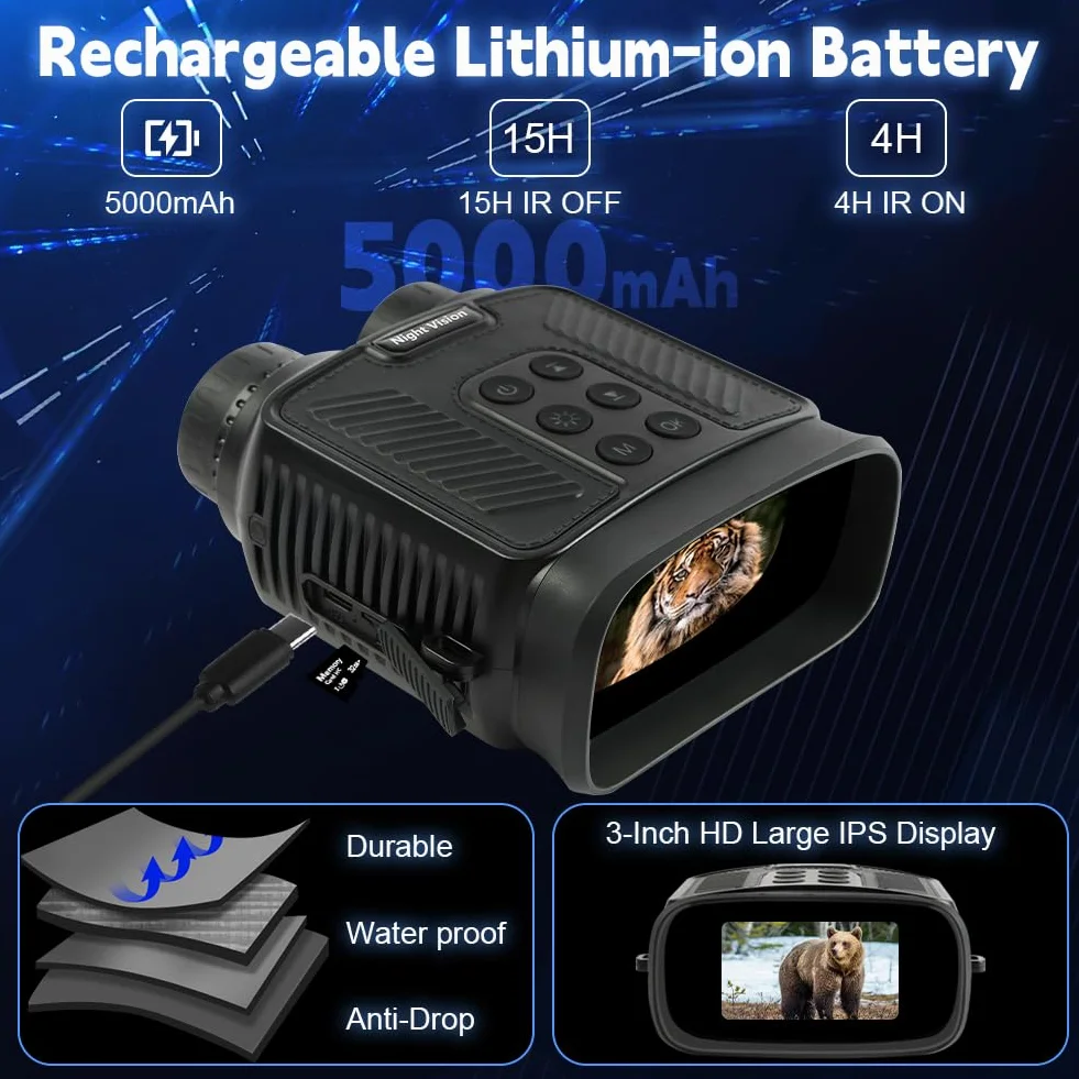 Vicloon Gogle noktowizyjne, lornetka noktowizyjna na podczerwień 4K, lornetka termiczna 5000 mAh, ładowalna lornetka termiczna z kartą 32 GB, 8-krotny zoom cyfrowy i wykrywanie ruchu zapobiegającego