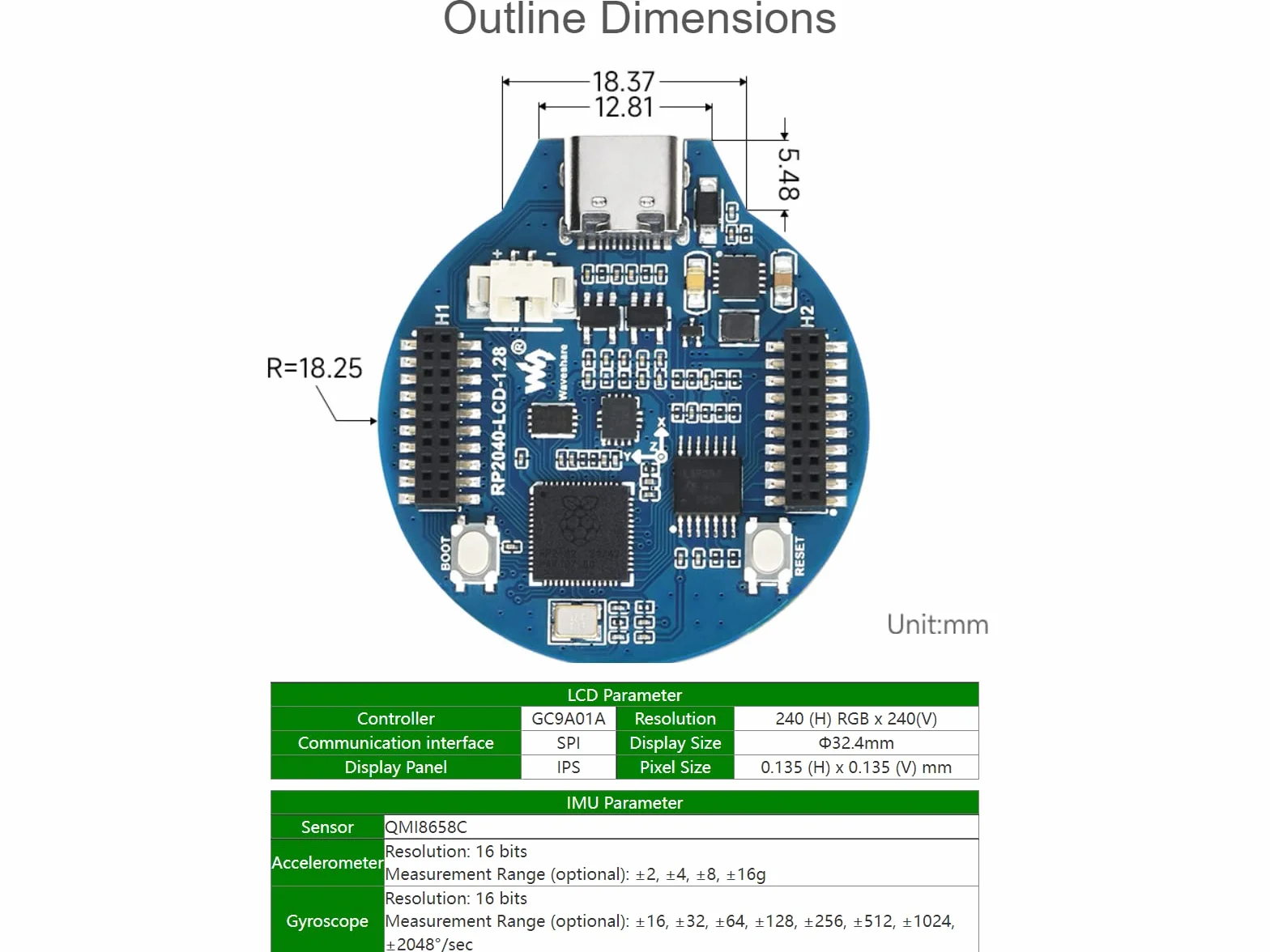 RP2040 mikrokontroler z okrągłym wyświetlaczem LCD 1,28”, 240 x 240 IPS 65 K RGB, bazuje na Raspberry Pi RP2040, procesor Dual-Core Arm z wbudowanym 6-osiowym czujnikiem IMU, złączem USB-C itd.