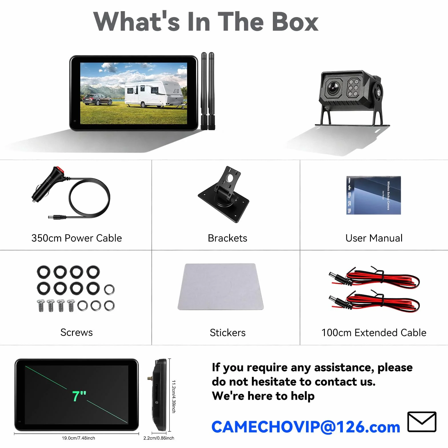 CAMECHO bezprzewodowa kamera cofania 7″ z monitorem IP68 wodoszczelna z widzeniem nocnym zoom ręczny do przodu/tyłu podział ekranu wykrywanie ślepych stref