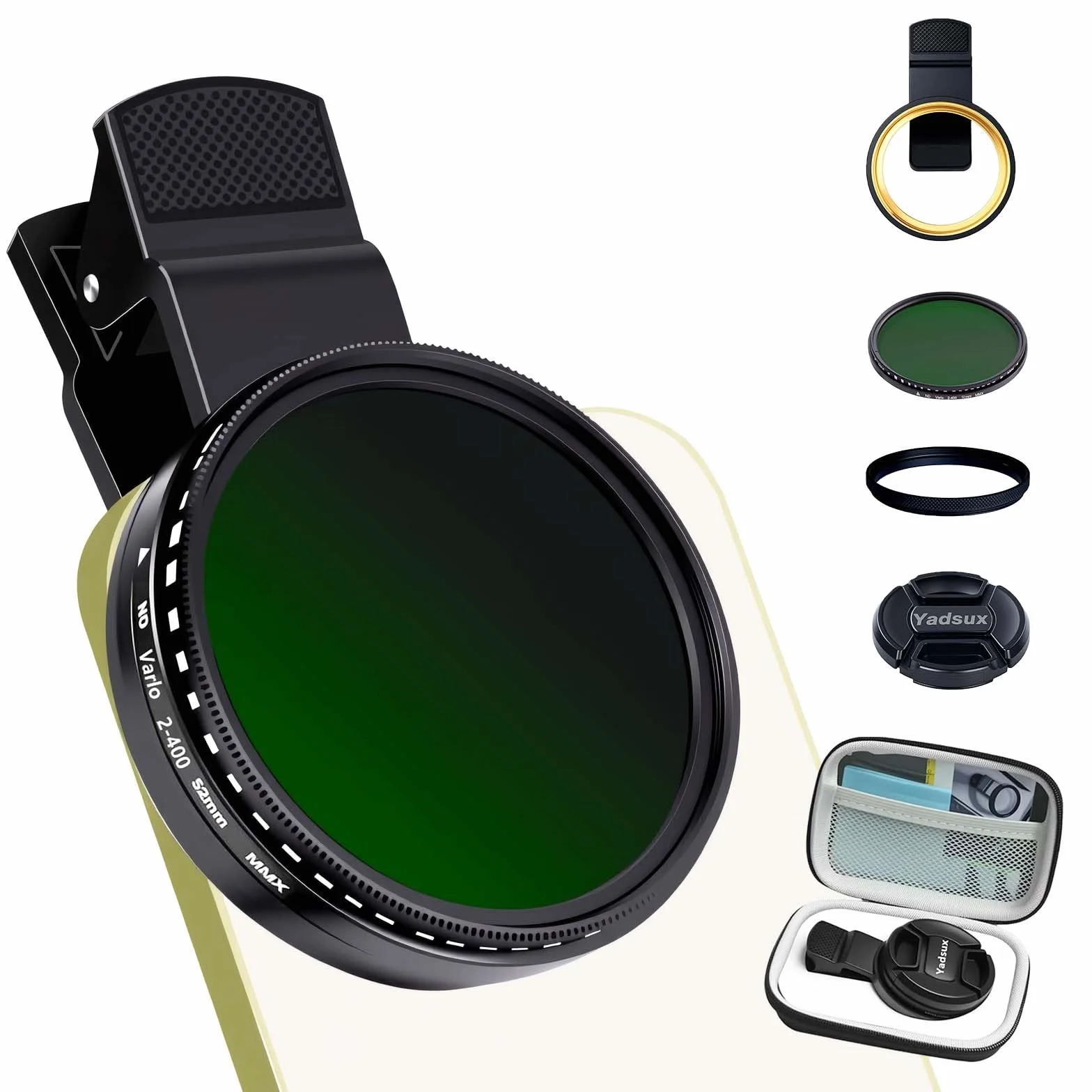 Zmienny filtr ND2-ND400 do telefonów 52 mm dla iPhone'a, Samsunga i innych smartfonów, adapter z klipsem, dwustronne szkło optyczne HD SLR, akcesoria do obiektywów telefonów