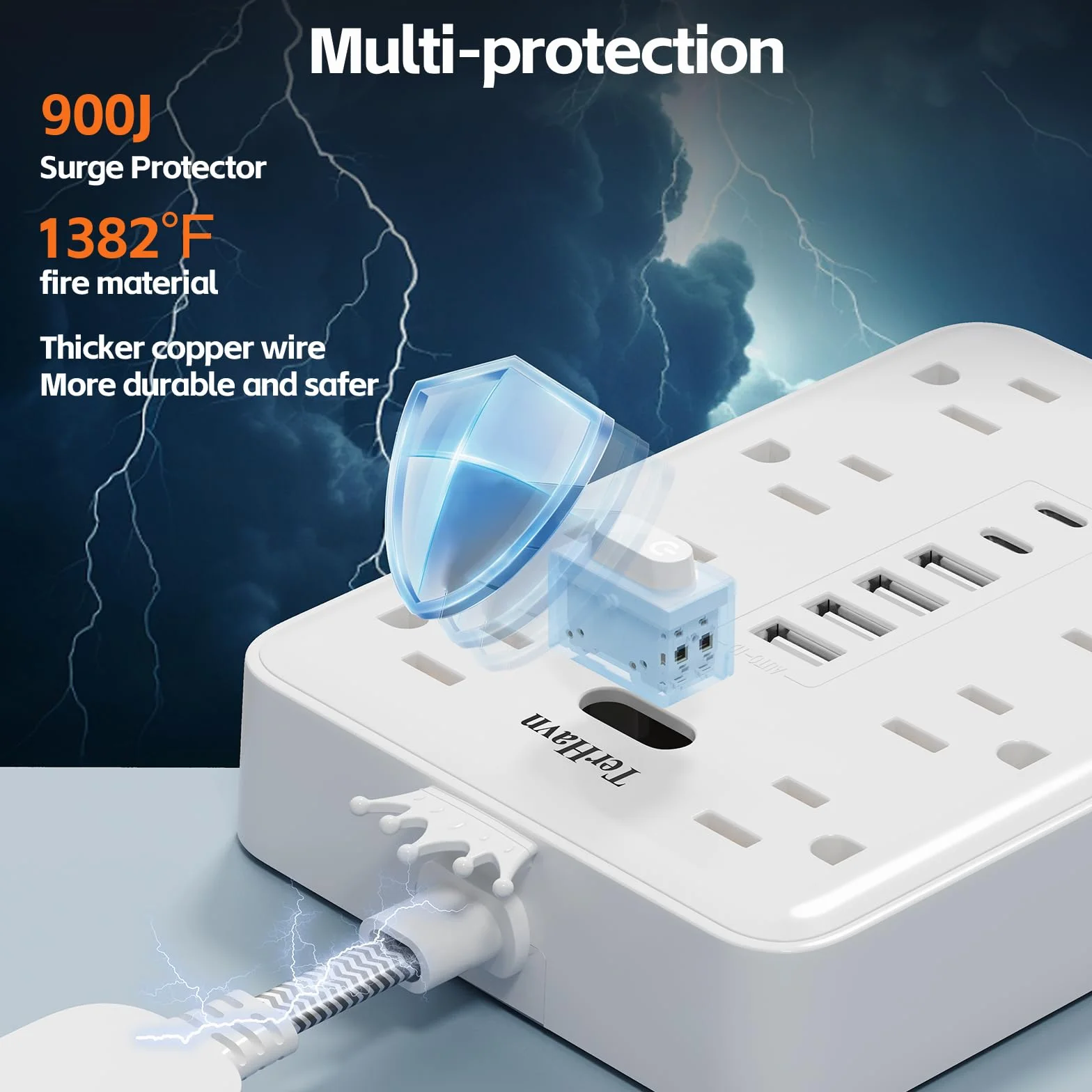 Ultra cienka płaska wtyczka, zabezpieczenie przed przeciążeniem, listwa zasilająca z 8 gniazdami AC, 6 USB (2 USB C) do domu, biura, sypialni, podróży, niezbędników, 15 A, 1875 W UL