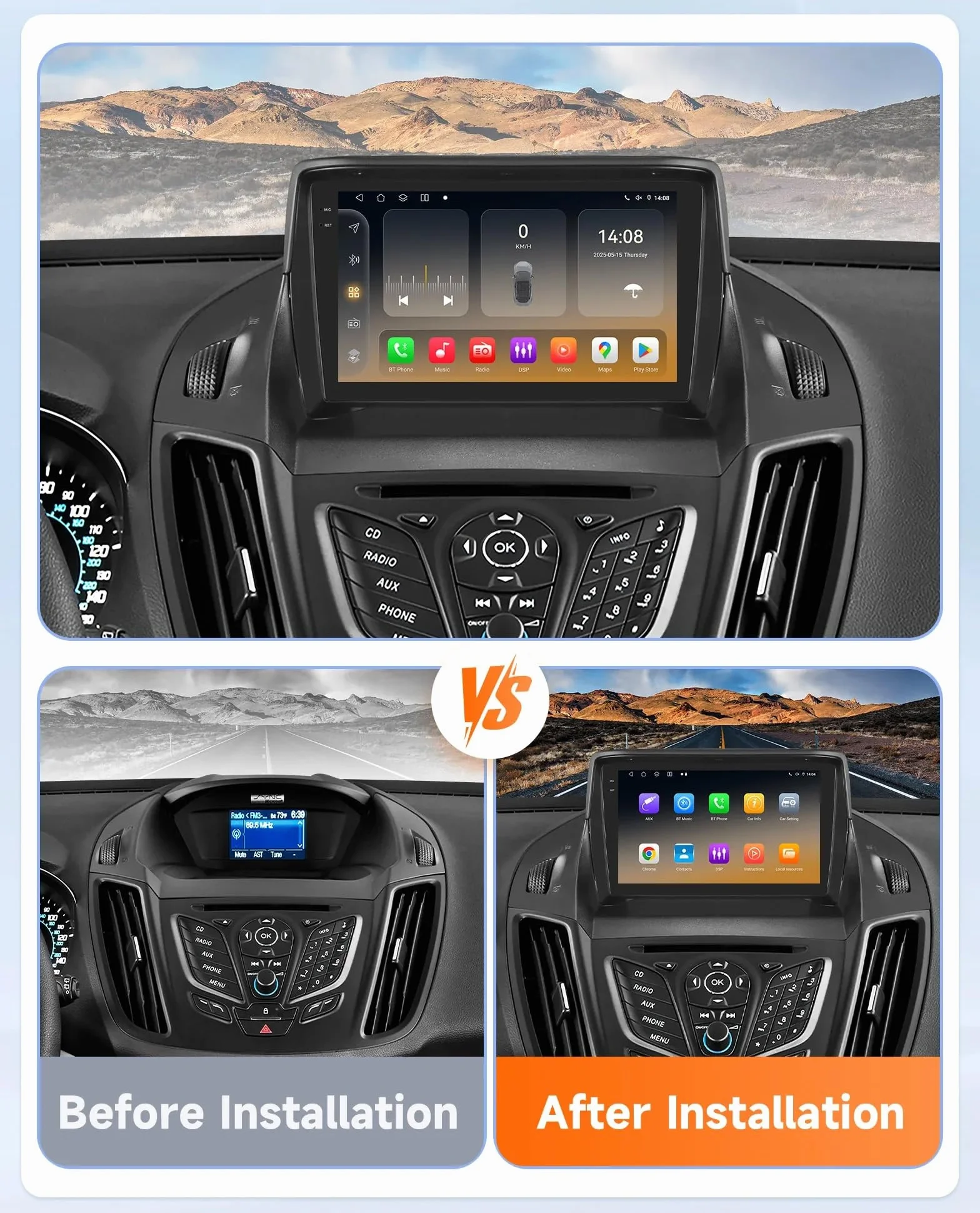Radio samochodowe Android 15 2 DIN z 9-calowym ekranem dotykowym do Forda Kuga 2 Escape 2013-2017 z kamerą cofania/Carplay/BT/FM/GPS/USB/sterowaniem z kierownicy/audio samochodowe (EP70 8+12