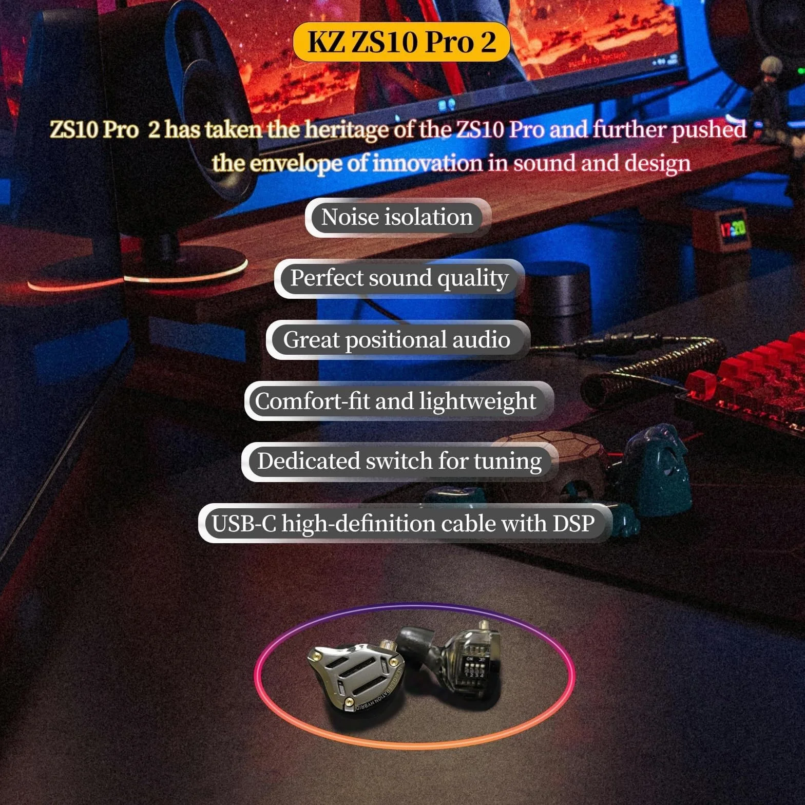 ZS10 Pro 2 słuchawki USB C z mikrofonem lEM do gier w monitorach dousznych, hybrydowe 4BA+1DD, głębokie basy, wygodne dopasowanie, przewodowe słuchawki douszne DSP z 4 trybami EQ