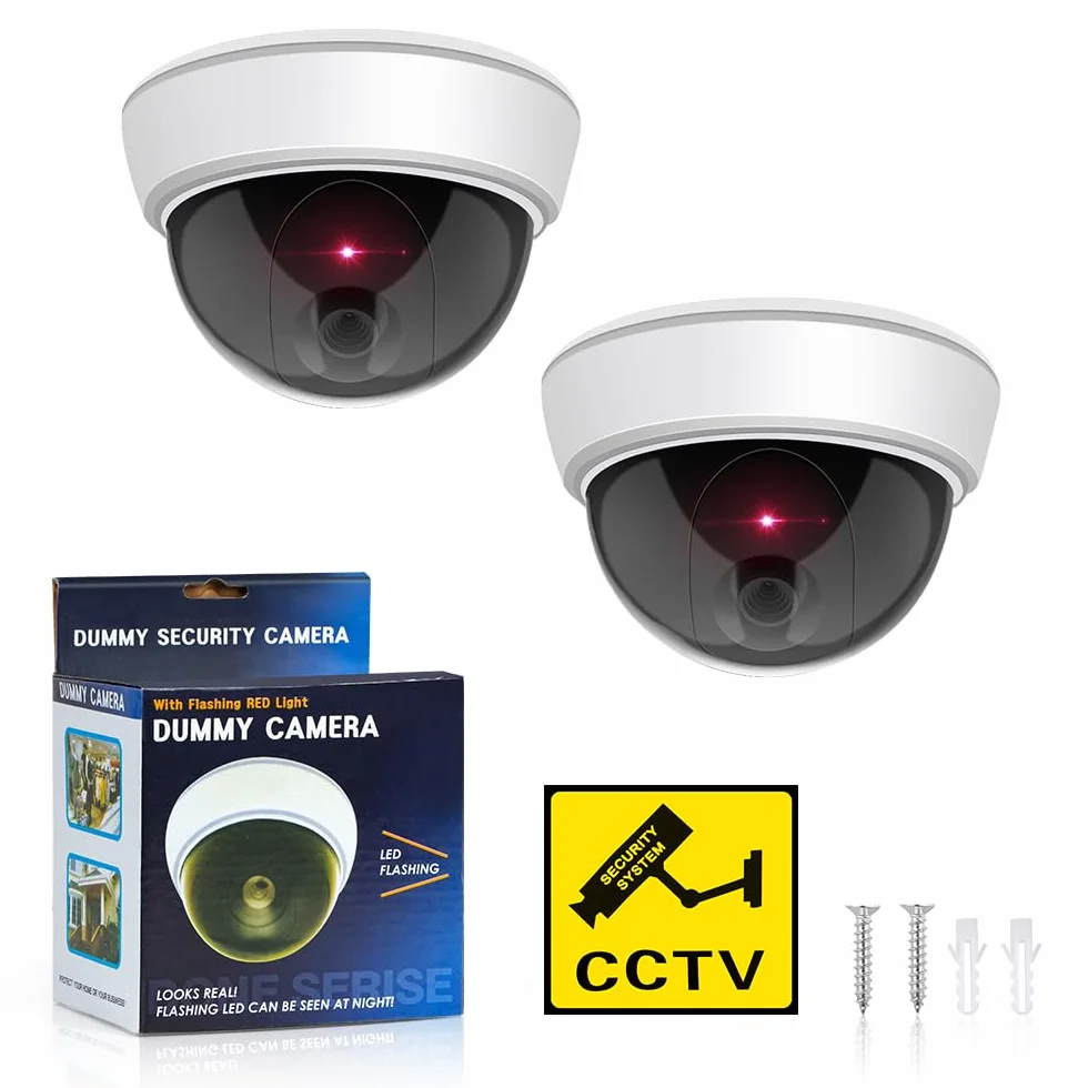 ERWEY Atrapa aparatu z obiektywem, monitoring wideo, kamera monitoringowa, sztuczna kamera z czerwonym światłem LED, na ścianę, sufit, zestaw 2 szt
