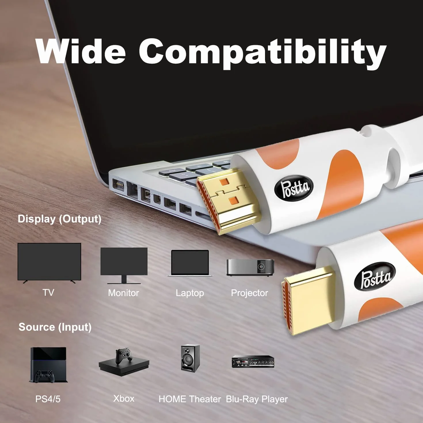 Postta Płaski kabel HDMI 4K HDMI2.0 z wbudowanym wzmacniaczem sygnału, obsługa 4K (2160P), 3D, 1080P, Ethernet, dźwięk zwrotny (biało-pomarańczowy)