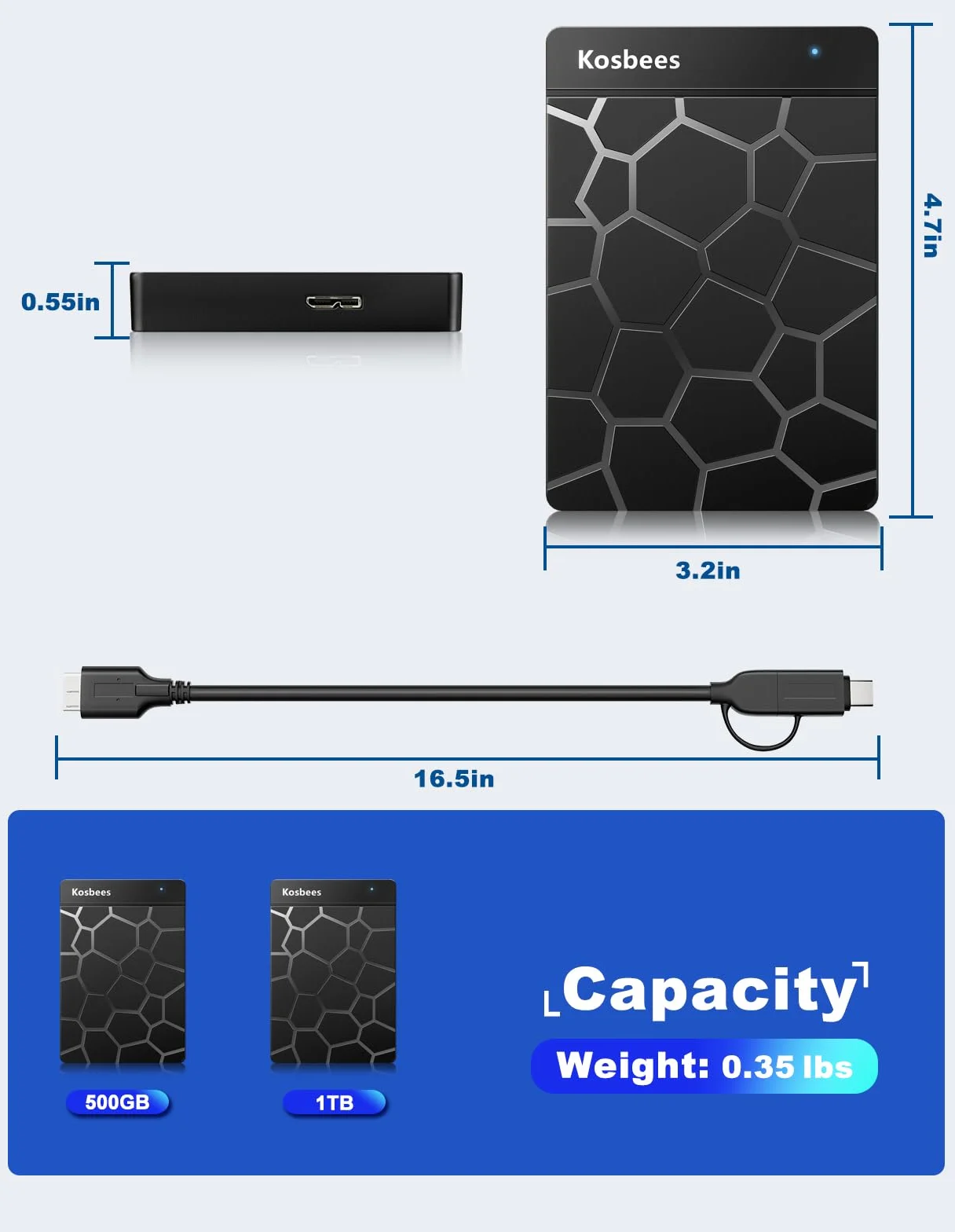 Zewnętrzne dyski twarde 500 GB, przenośny dysk twardy do systemu Windows, ultra cienki zewnętrzny dysk twardy kompatybilny z komputerami PC, Mac, laptopem, PS4, Xbox One, Xbox 360; gotowy do