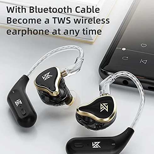 Linsoul KZ ZAS 7BA+1DD monitor douszny, słuchawki douszne HiFi Bas, słuchawki douszne do gier, hybrydowe słuchawki IEM z wbudowanym odłączanym kablem, dla muzyków audiofilskich (czarne, bez mikrofonu)