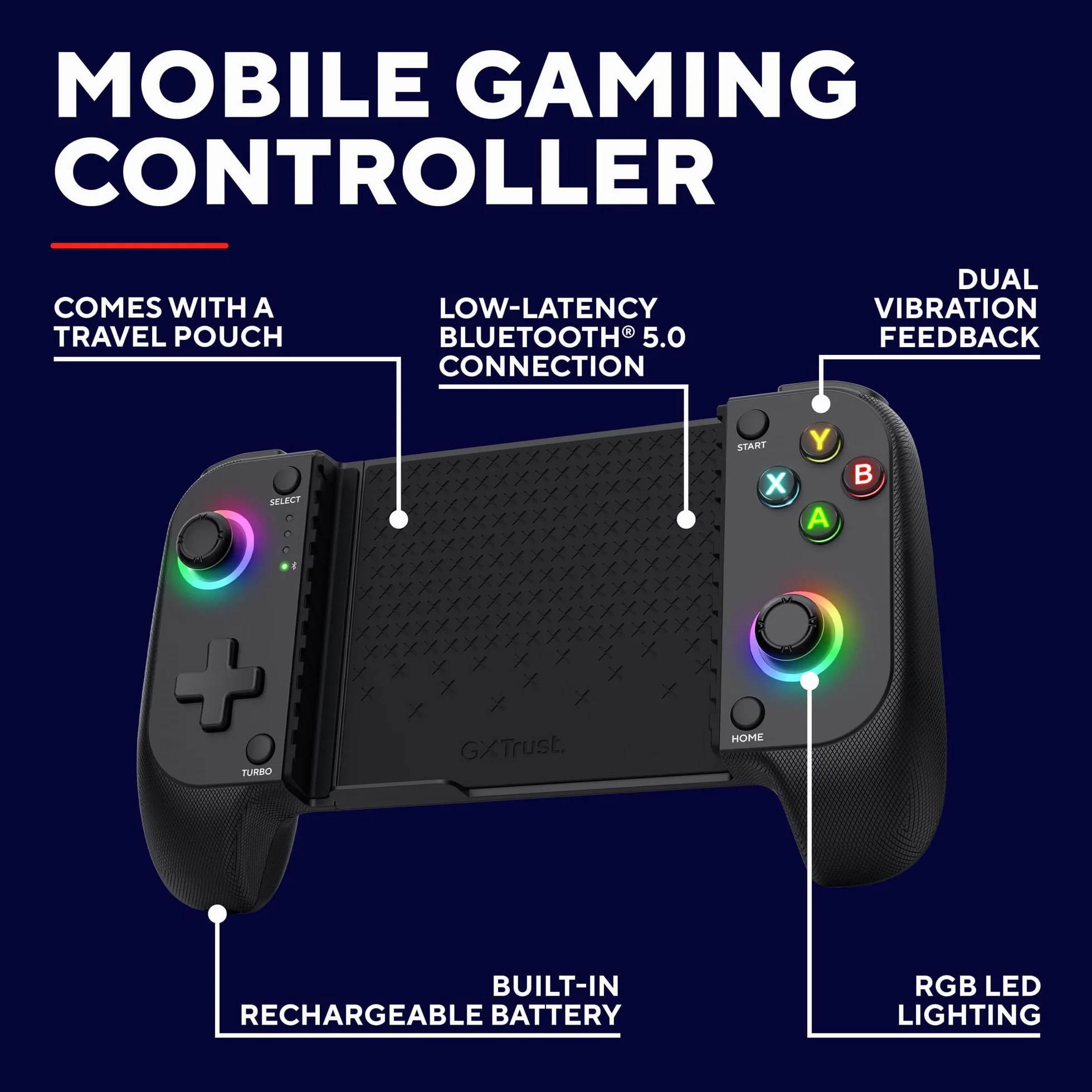 Trust Gaming GXTrust 735 Mylox Kontroler do Gier z Uchwytem na Telefon iPhone Android PS5 Xbox, Akumulator do 12h, Gamepad Bluetooth do Smartfona, Podświetlenie LED RGB, 18 Przycisków, Czarny