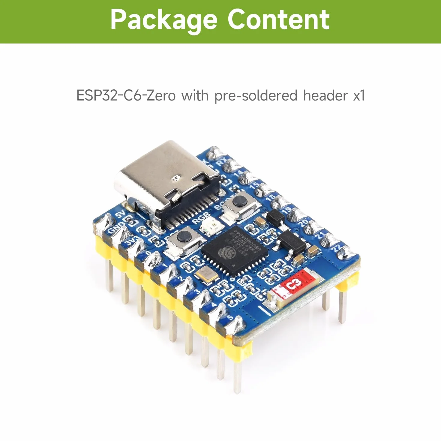 Waveshare ESP32-C6 Mini Development Board(with Pre-soldered Header), Based On ESP32-C6FH8, Dual Processors, 160MHz Running Frequency, 2.4GHz WiFi 6 & BT5, ESP32 Development Board