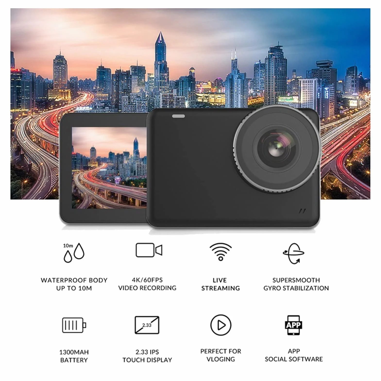 Kamera akcji, Kamera sportowa 4k 60fps. Stabilny 10 m wodoodporne sporty ciała DV. Czarny przenośny(Add 64GB Card,No Waterproof Case)