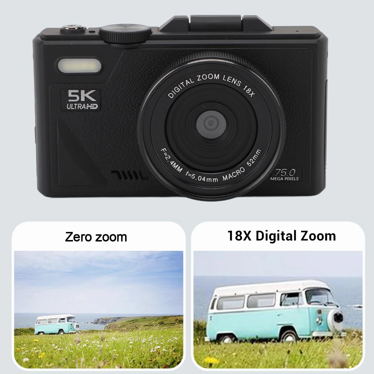5K Aparat Cyfrowy, 75 MP HD 18x Autofocus Digitalzoom Aparat Fotograficzny Mini Kompaktowy Aparat z 3-calowym Wyświetlaczem dla Dzieci Nastoletnich dla Dorosłych Początkujących (BLACK)