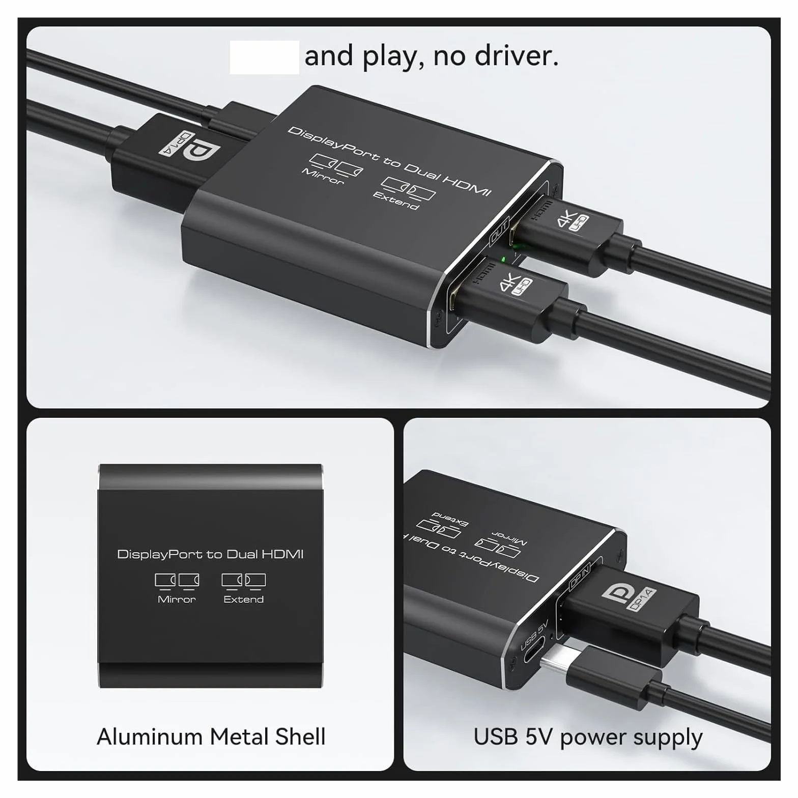 Navceker Displayport to Dual Adapter 4K 60Hz Mini DP to Splitter 1 In 2 Out MST Extended Mode for Computer Laptop PC