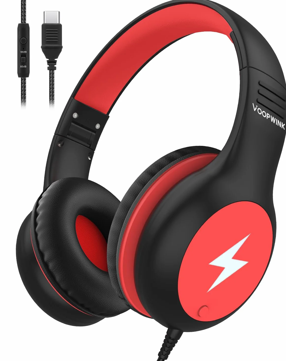 Voopwink Słuchawki dziecięce przewodowe z mikrofonem, słuchawki USB typu C, dla dzieci, dziewcząt, chłopców, ze światłami LED, limit głośności 85/94 dB, przenośne słuchawki nauszne do szkoły, podróży