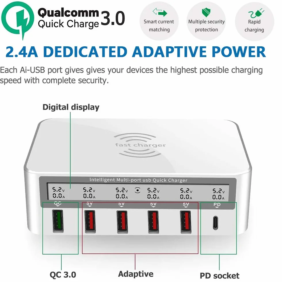 Bezprzewodowa ładowarka wiele USB stacja ładująca 100 W szybkie ładowanie 6-portowa stacja ładująca biurkowa Hub z szybkim ładowaniem 3.0 port USB 18 W PD kompatybilny z iPhone iPad Samsung, biały
