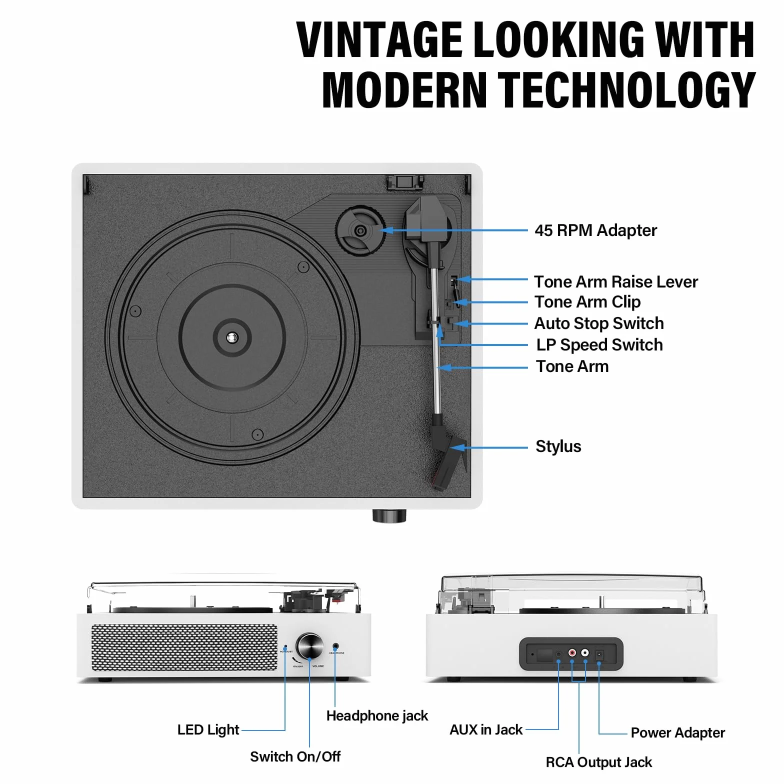 Odtwarzacz płyt winylowych z 2 głośnikami stereo, napędzany pasem, gramofony vintage, 3 prędkości, 3 rozmiary, bezprzewodowe odtwarzanie Bluetooth, wejście AUX, wyjście RCA, słuchawki, odtwarzacze