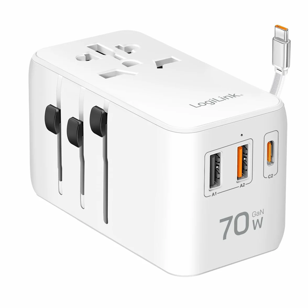 LogiLink PA0357 - uniwersalny zasilacz podróżny z 10 rodzajami wtyczek do >200 krajów, 70 W i PD (PowerDelivery) i QuickCharge, 3 x porty USB, ognioodporny