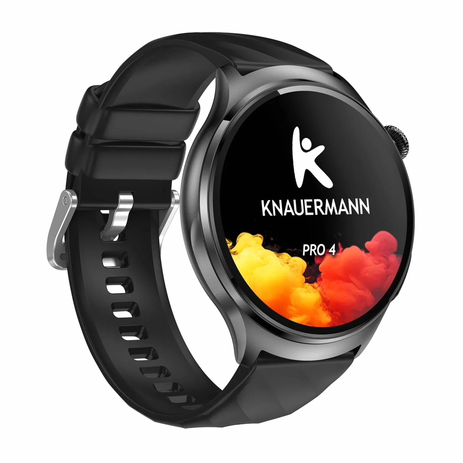 Knauermann PRO 4 (2026), okrągły, czarny, zegarek zdrowotny EKG z ciśnieniem krwi, tętnem i analizą snu, telefonia, IP67, ekskluzywny zestaw z 4 bransoletkami