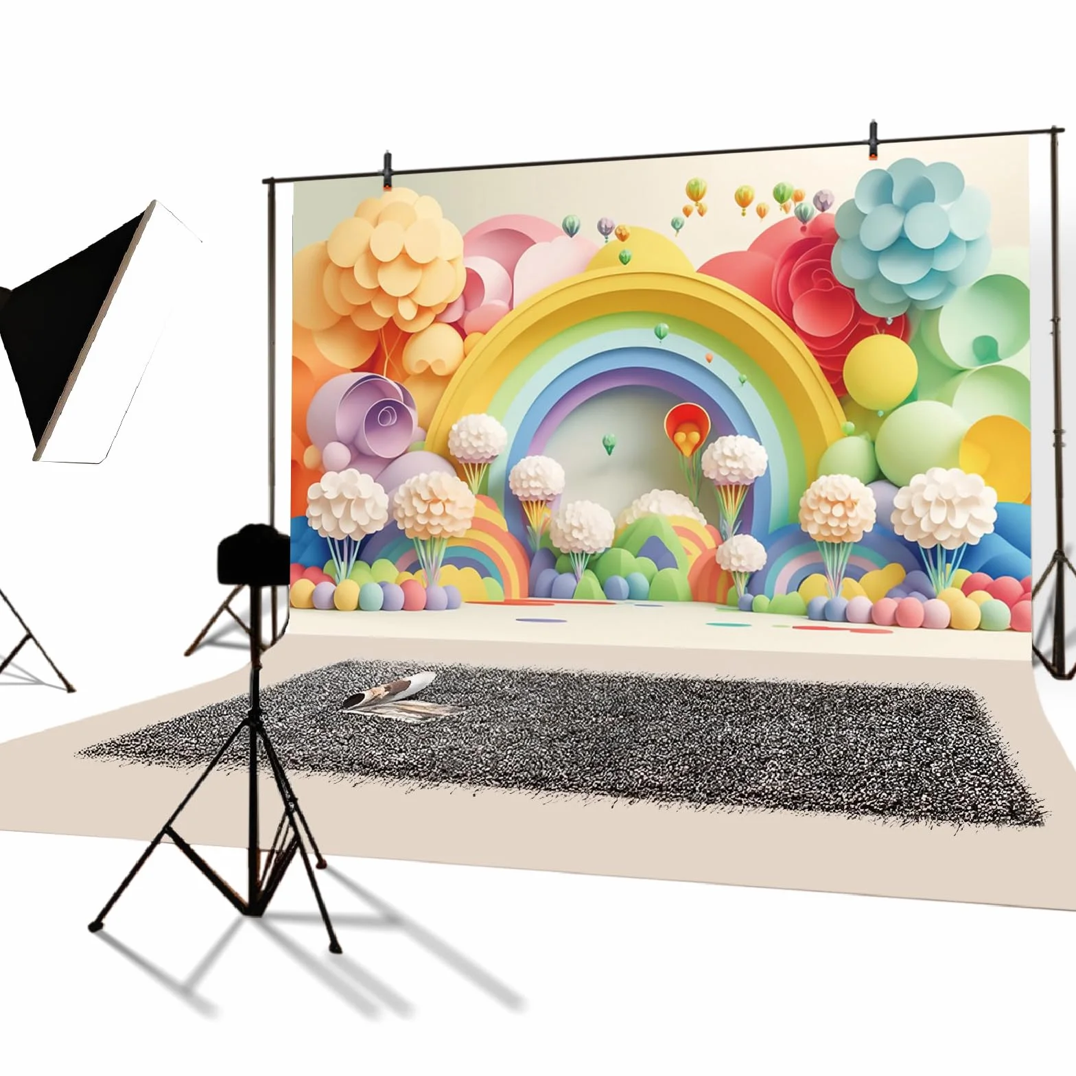 YongFoto Tło urodzinowe dla dzieci 4,5 x 3 m, kwiat balon na gorące powietrze, tęczowa girlanda, tło fotograficzne dla dzieci, noworodka, baby shower, przyjęcie, ciasto, stół, baner, tapeta, sesja
