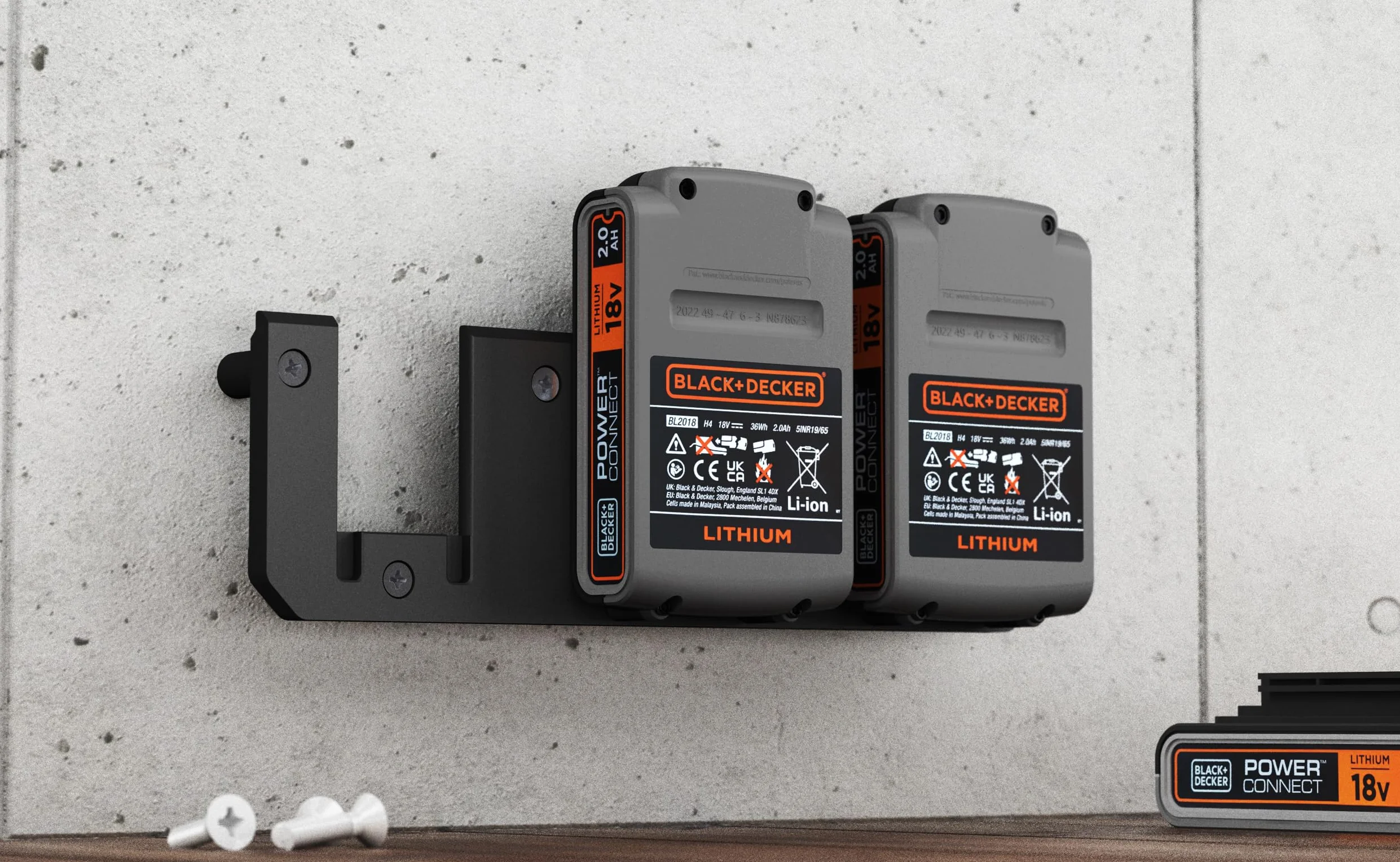 NewGround Designs Uchwyt ścienny do akumulatora nadaje się do akumulatorów Black+Decker 18 V – uchwyt na baterie, uchwyt ścienny (3 akumulatory) w zestawie śruby i kołki [Made in Germany]