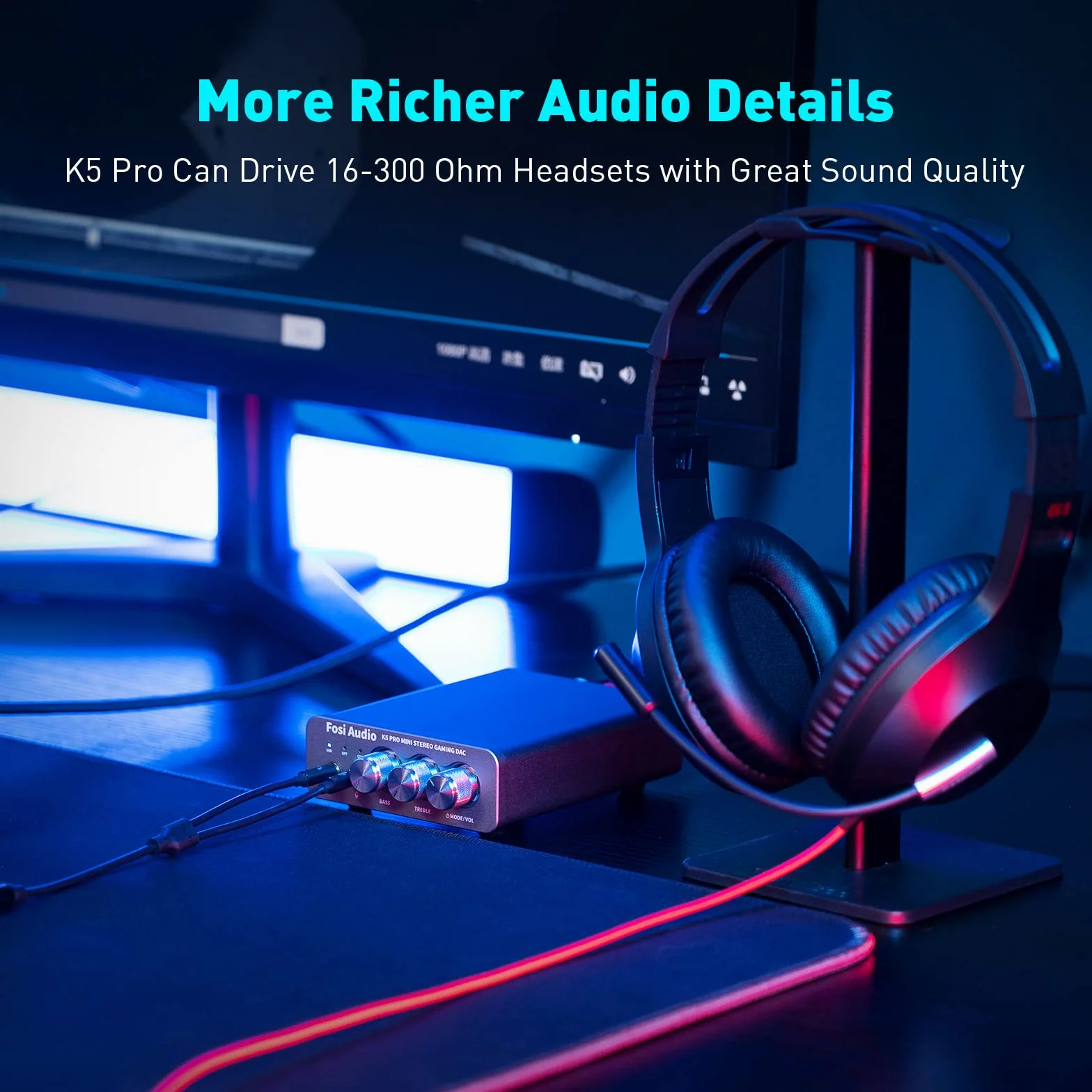 Fosi Audio K5 Pro Gaming DAC Wzmacniacz słuchawkowy Mini Hi-Fi Stereo Cyfrowo-analogowy konwerter audio USB typu C/koncentryczny na RCA/optyczny/3,5 mm AUX na PS5/PC/MAC/komputer