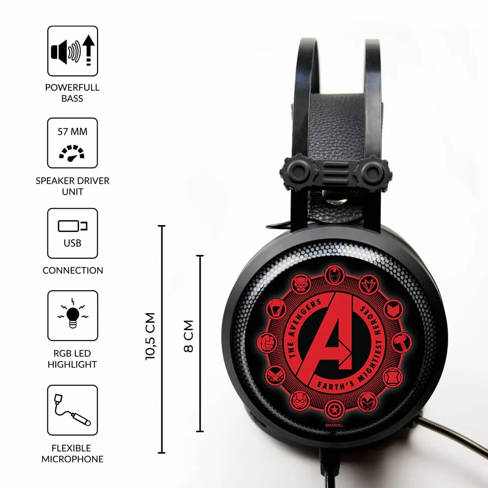 Słuchawki do gier ERT GROUP z mikrofonem, słuchawki LED z regulowanym pałąkiem na głowę Oryginalny i oficjalnie licencjonowany model Marvel Avengers 003
