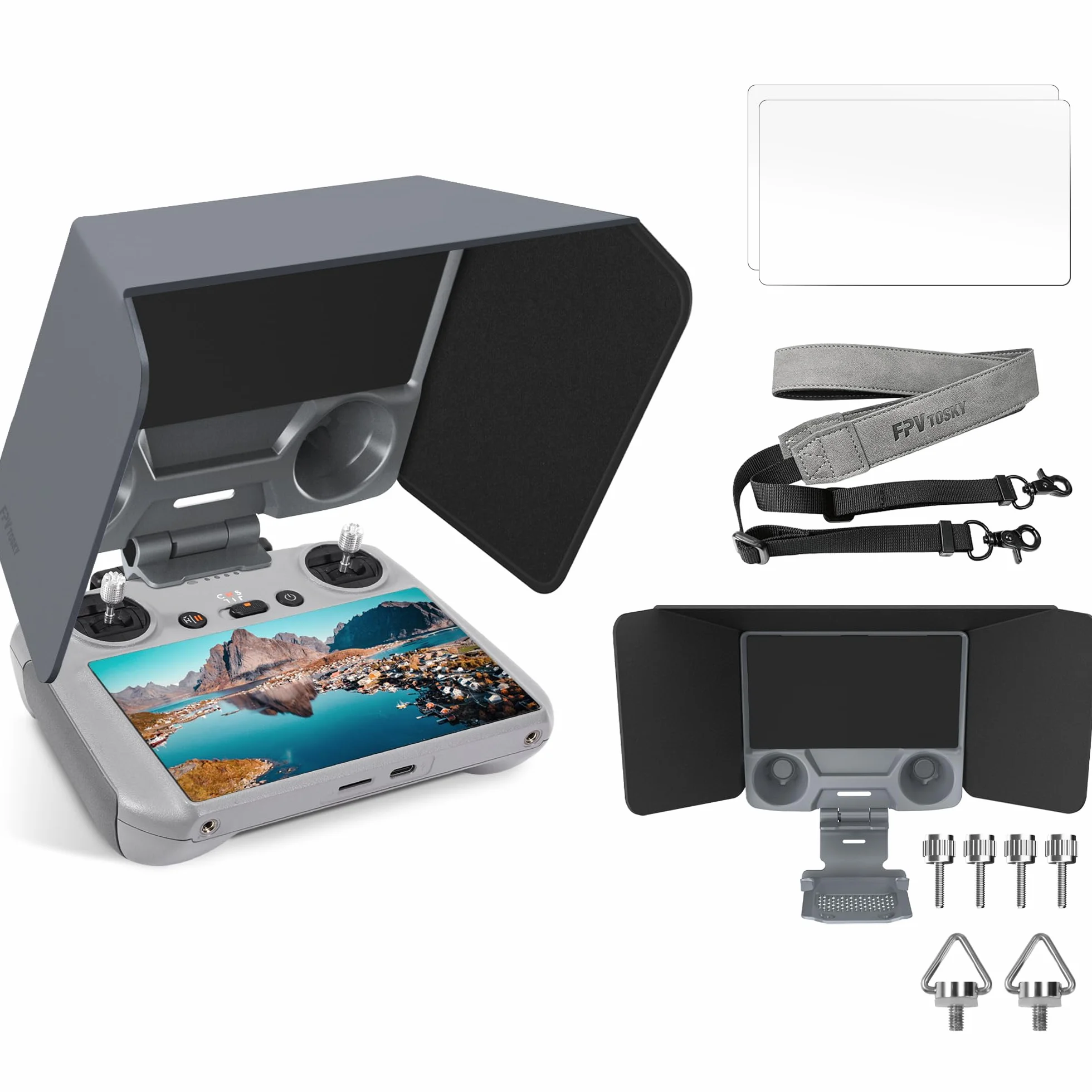 FPVtosky Zestaw ochraniaczy 3 w 1 RC 2 do DJI Mini 5/4 Pro i Air 3s, zawiera osłonę przeciwsłoneczną, smycz, 2 x ochraniacz ekranu, akcesoria DJI RC 2 i Air 3s