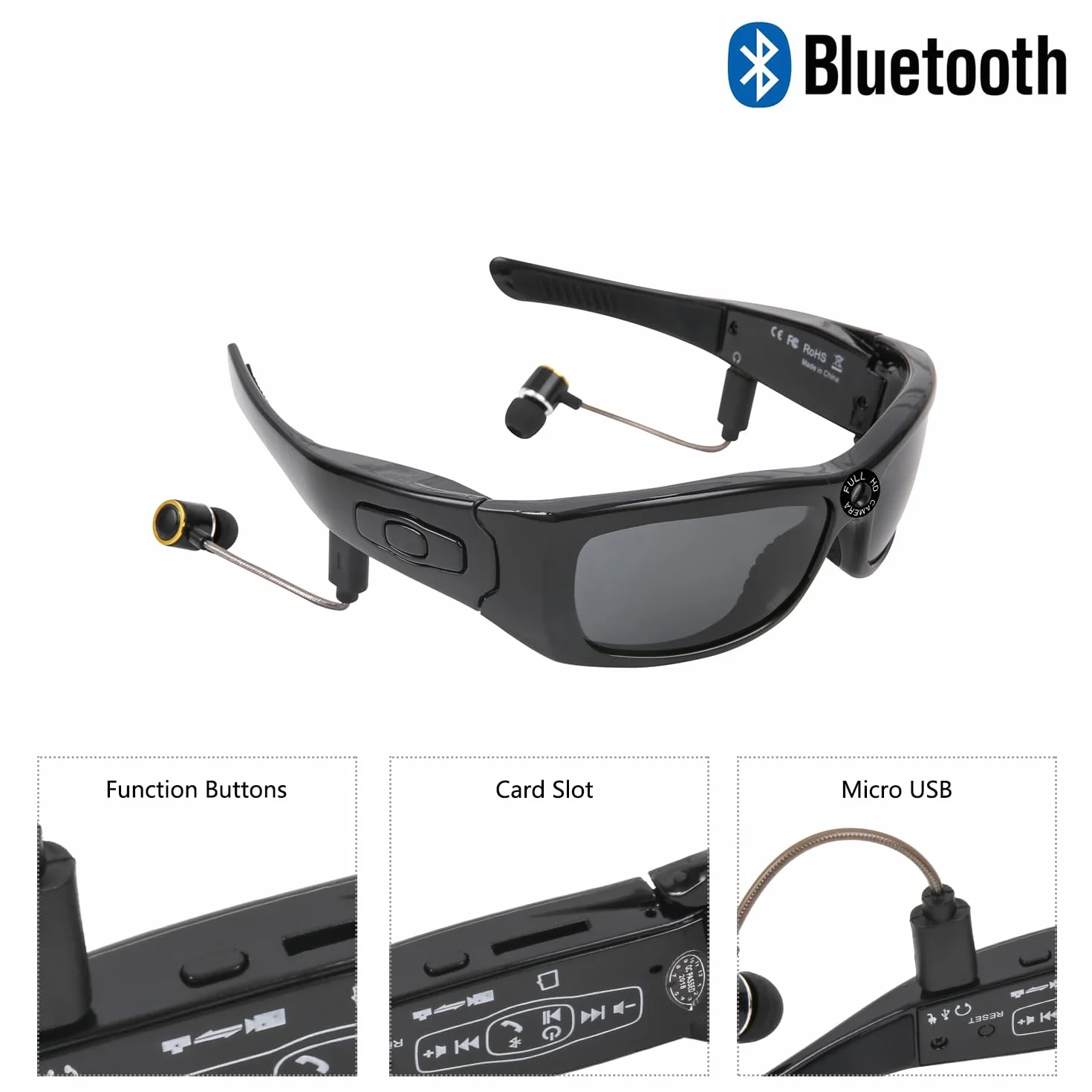 Okulary do Aparatu Full HD 1080p, Zdjęcia i Wideo, Okulary do Noszenia Bluetooth, Okulary do Spolaryzowanych Okularów Mini Kamera Wideo dla Mężczyzny i Kobiety, Okulary Sportowe